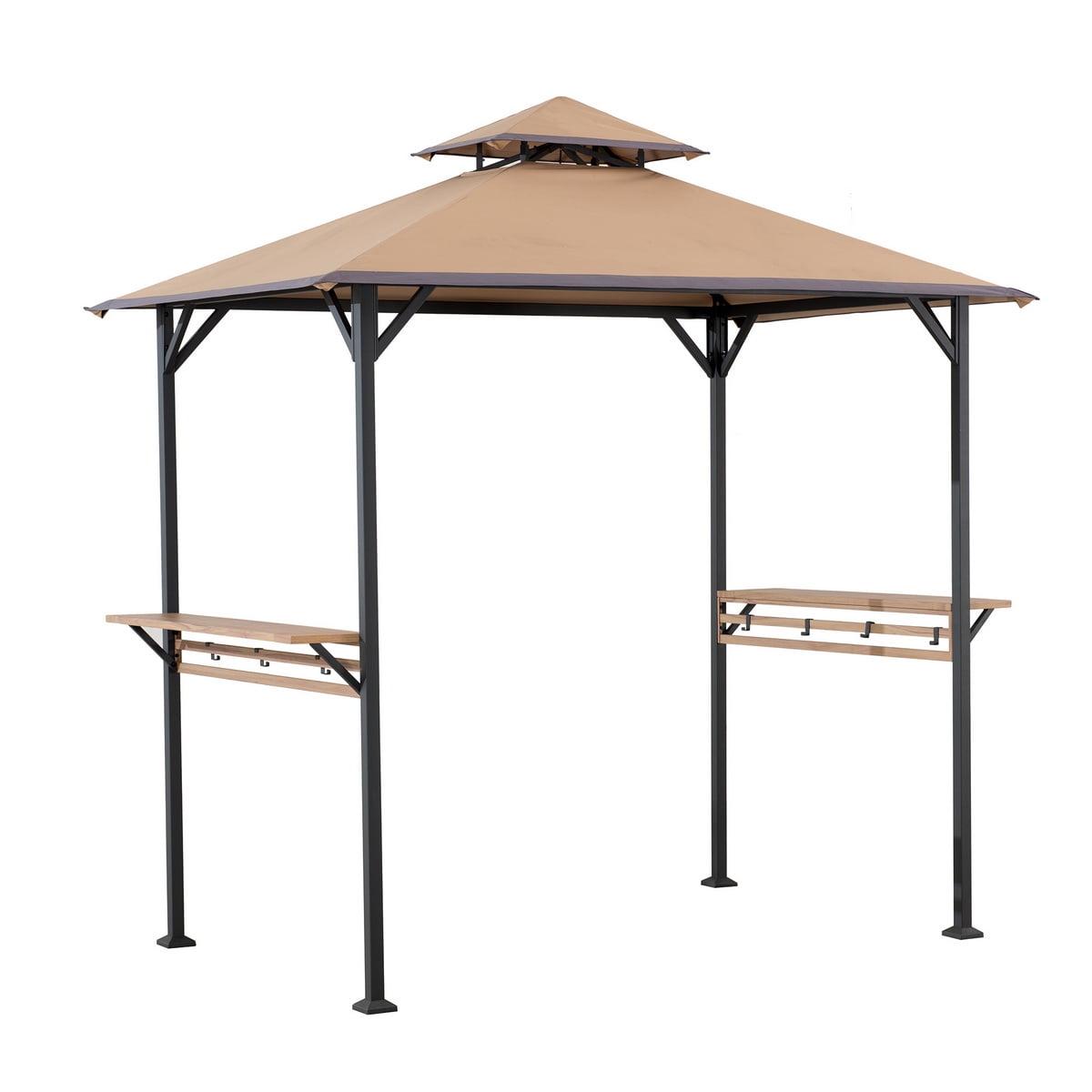 Khaki Double-Tiered Canopy Grill Gazebo with Black Steel Frame