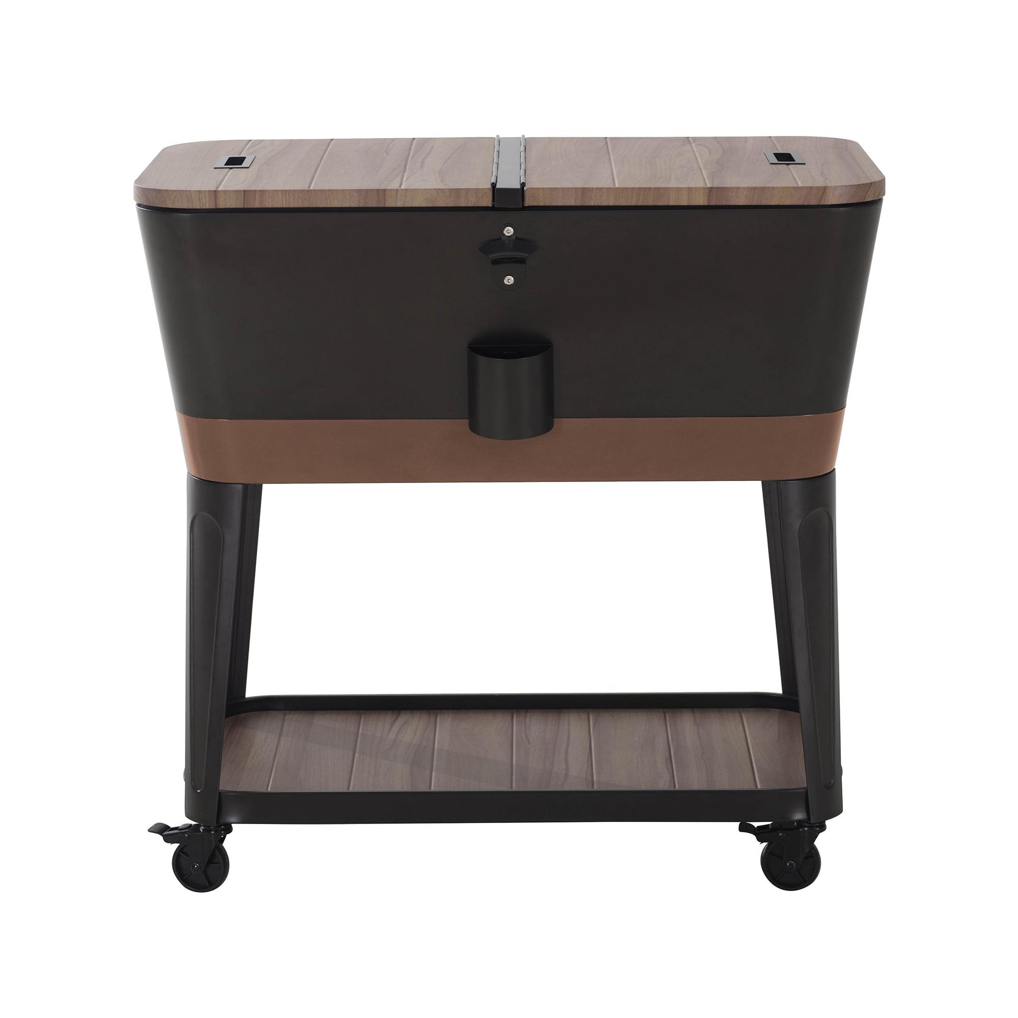 Sunjoy Durant 80-Quart Wood Grain Finish Metal Rolling Ice Chest Cooler Cart with Storage Shelf, Steel Bottle Opener, and Lockable Wheels