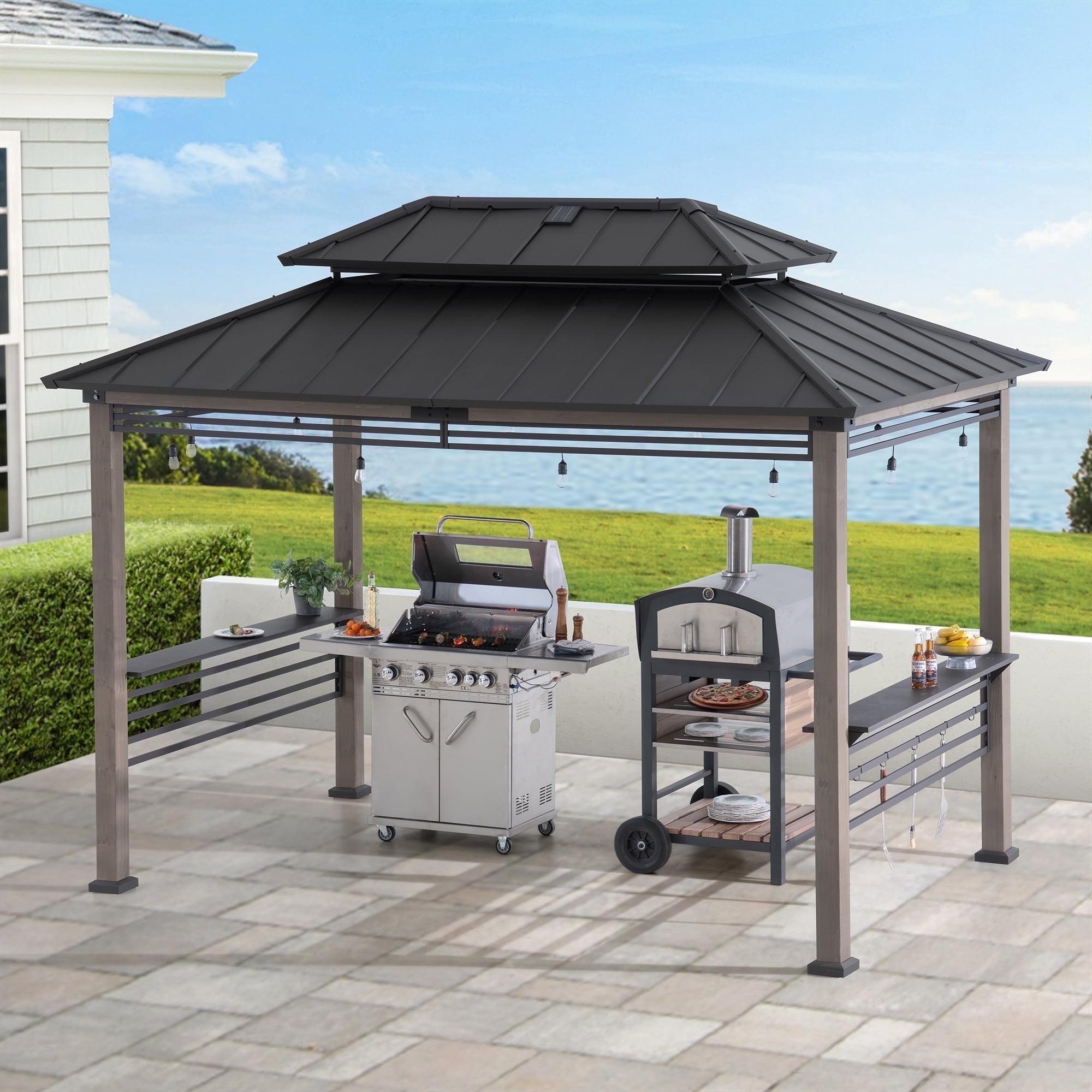 Sunjoy Sunjoy Wooden Grill Gazebo with Solar Power, 8 x 12 ft. Hardtop Gazebo for Year-Round Grilling, Outdoor Cedar Frame Cooking Shelter with Decorative Fence for Backyard BBQs Party