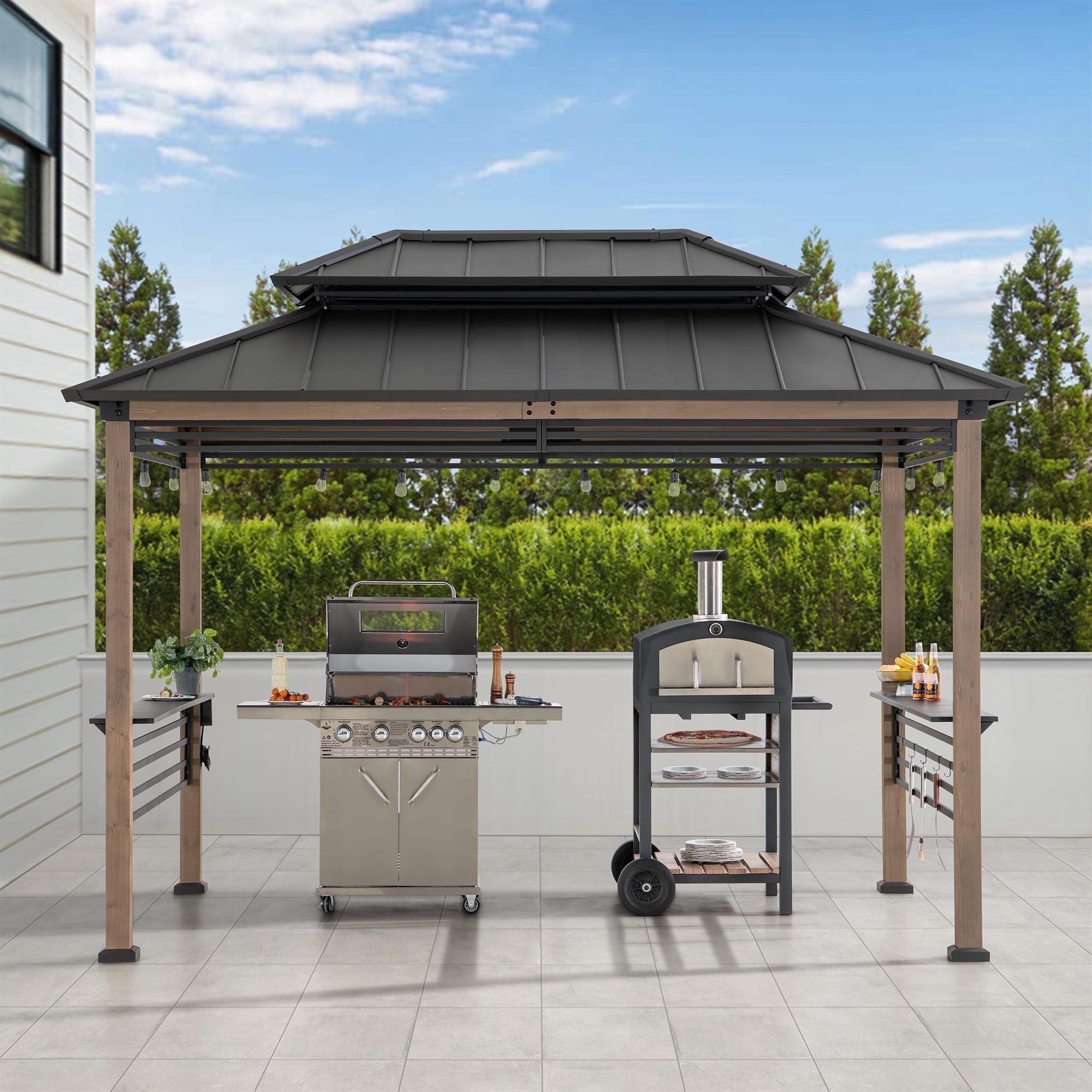 Sunjoy Sunjoy Wooden Grill Gazebo with AC Power Port, 8 x 12 ft. Steel Hardtop Outdoor Gazebo for Year-Round Grilling, Cedar Framed Gazebo with Built-in Electrical Outlets and Decorative Fence