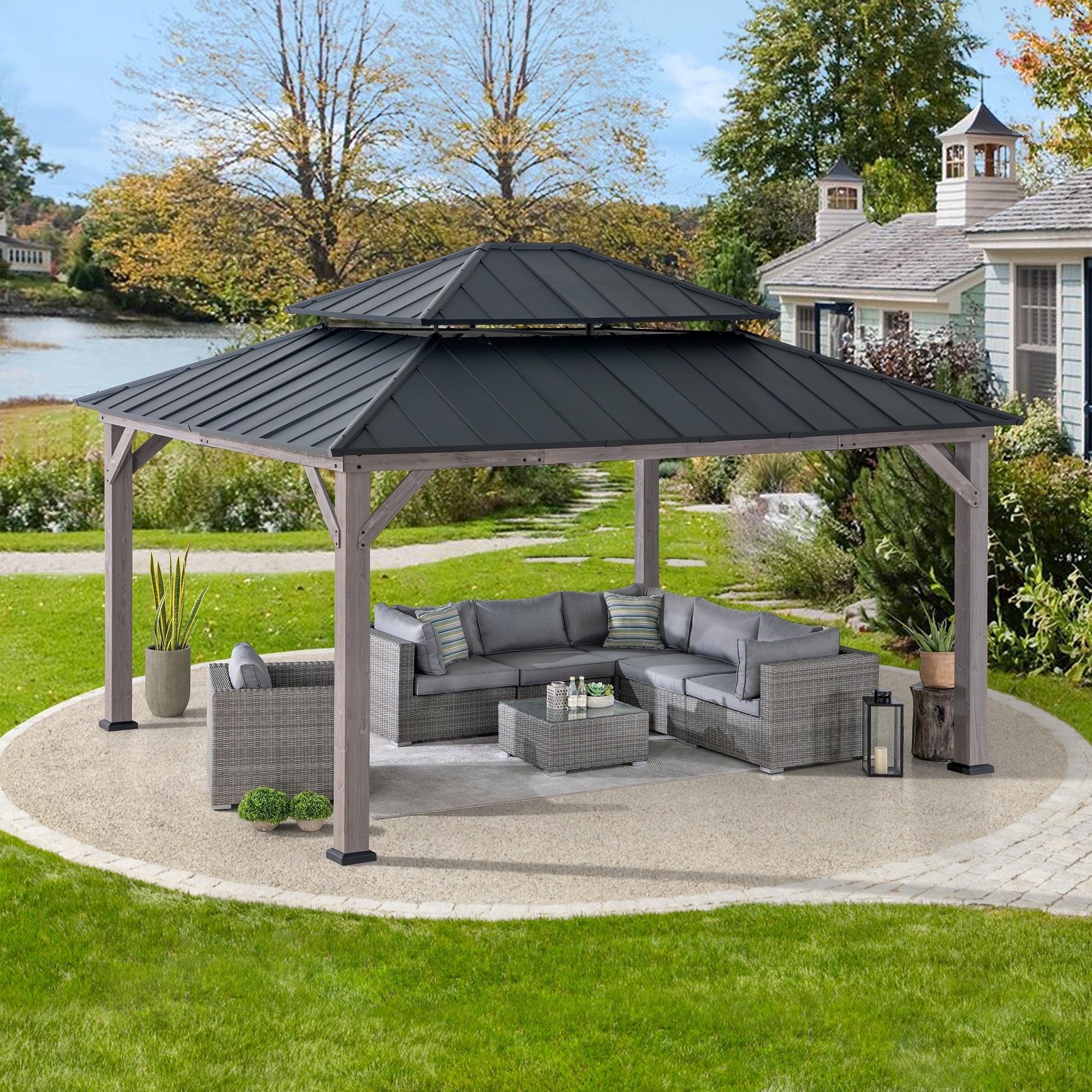 Sunjoy Sunjoy 13 x 15 ft. Wood Gazebo, Outdoor Patio Steel Hardtop Gazebo, Cedar Framed Wooden Gazebo with 2-Tier Metal Roof, Suitable for Patios, Lawn and Backyard
