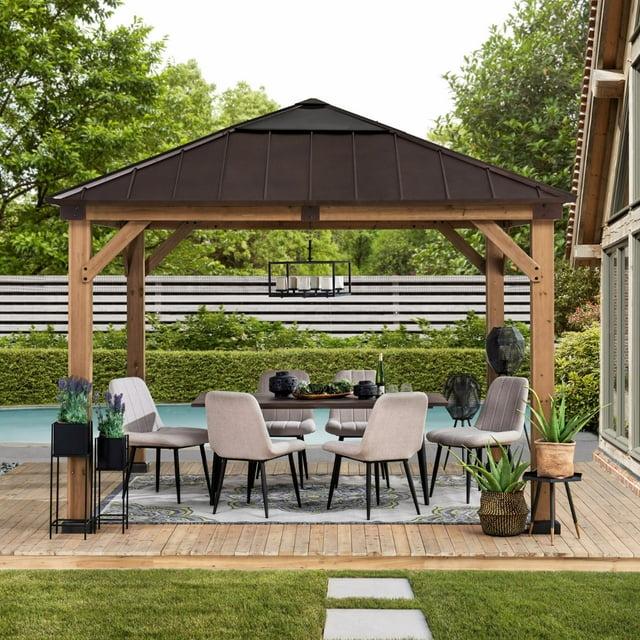 Sunjoy Sunjoy Hardtop Gazebo 11 x 13 ft. Upgrade Cedar Framed Wood Gazebos with Brown Steel and Polycarbonate Hip Roof Hardtop for Garden, Backyard Shade,
