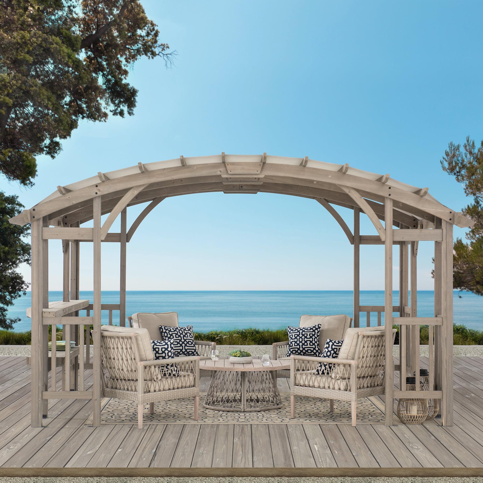 Light Gray Cedar Wood Arched Pergola with Weather-Resistant Canopy