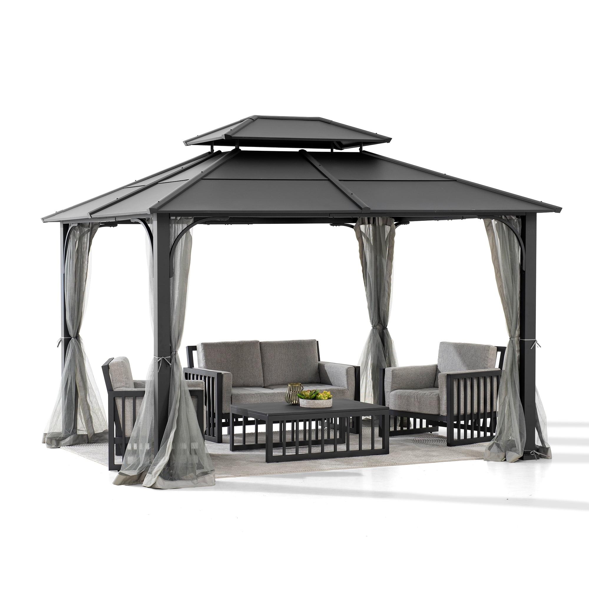 Sunjoy Sunjoy Hardtop Gazebo 10 x 12 ft. Outdoor Gazebo, Heavy Duty Steel Frame Gazebo, Double Roof Metal Gazebo with Ceiling Hook and Removable Netting Sidewalls