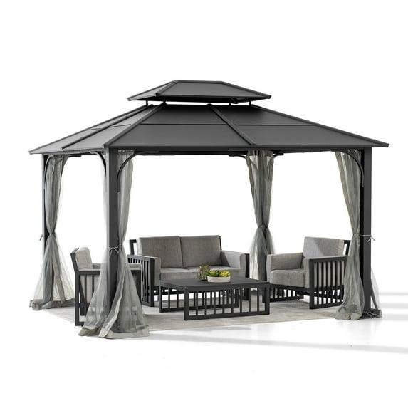 Sunjoy Sunjoy Hardtop Gazebo 10 x 12 ft. Outdoor Gazebo, Heavy Duty Steel Frame Gazebo, Double Roof Metal Gazebo with Ceiling Hook and Removable Netting Sidewalls
