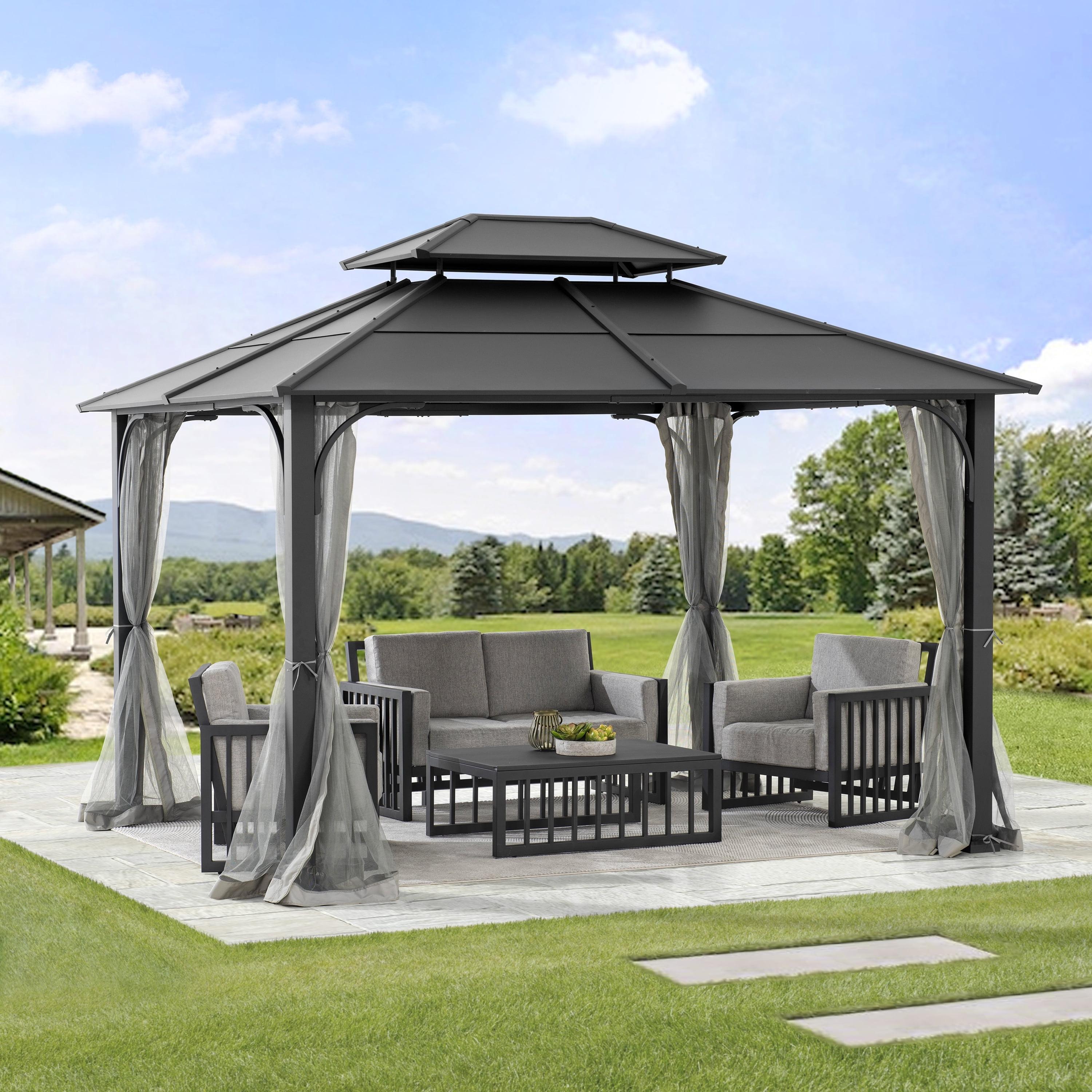 Sunjoy Sunjoy Hardtop Gazebo 10 x 12 ft. Outdoor Gazebo, Heavy Duty Steel Frame Gazebo, Double Roof Metal Gazebo with Ceiling Hook and Removable Netting Sidewalls