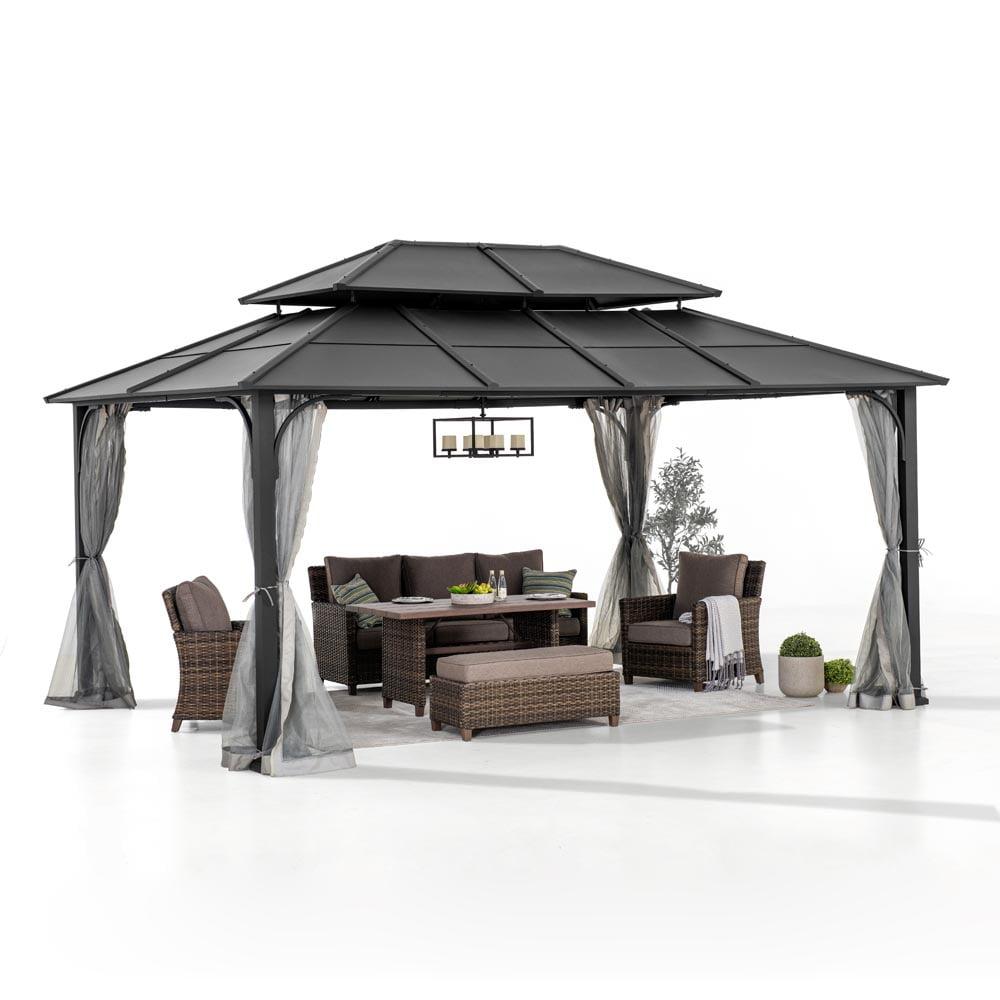 Sunjoy Sunjoy Hardtop Gazebo 12 x 16 ft. Outdoor Gazebo, Heavy Duty Steel Frame Gazebo, Double Tiered Metal Gazebo with Ceiling Hook and Removable Netting Sidewalls