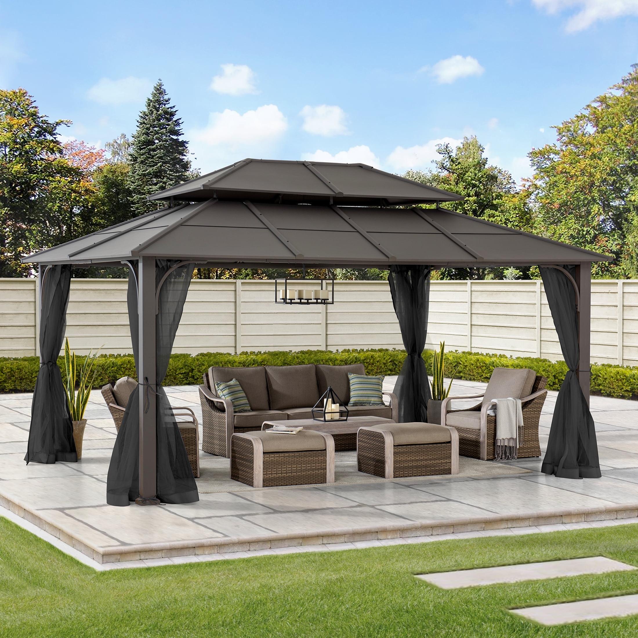 Sunjoy Sunjoy Hardtop Gazebo 12 x 16 ft. Outdoor Gazebo, Heavy Duty Steel Frame Gazebo, Double Tiered Metal Gazebo with Ceiling Hook and Removable Netting Sidewalls