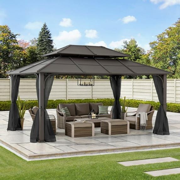 Sunjoy Sunjoy Hardtop Gazebo 12 x 16 ft. Outdoor Gazebo, Heavy Duty Steel Frame Gazebo, Double Tiered Metal Gazebo with Ceiling Hook and Removable Netting Sidewalls