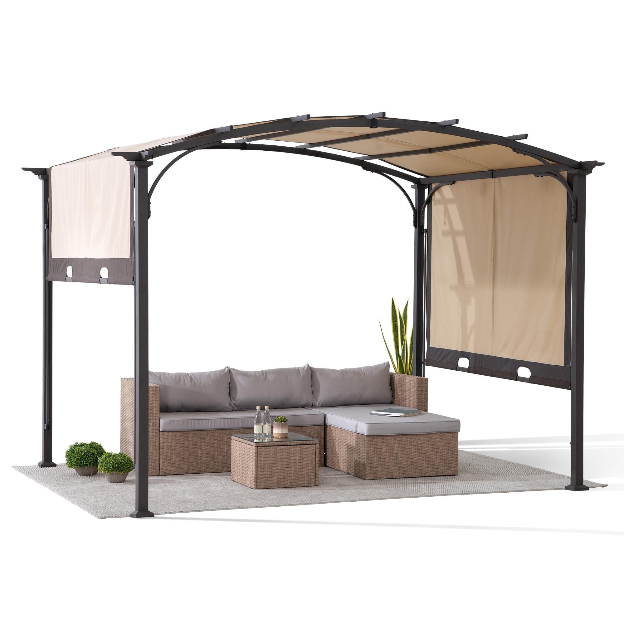 Tan and Brown Steel Arched Pergola with Adjustable Canopy