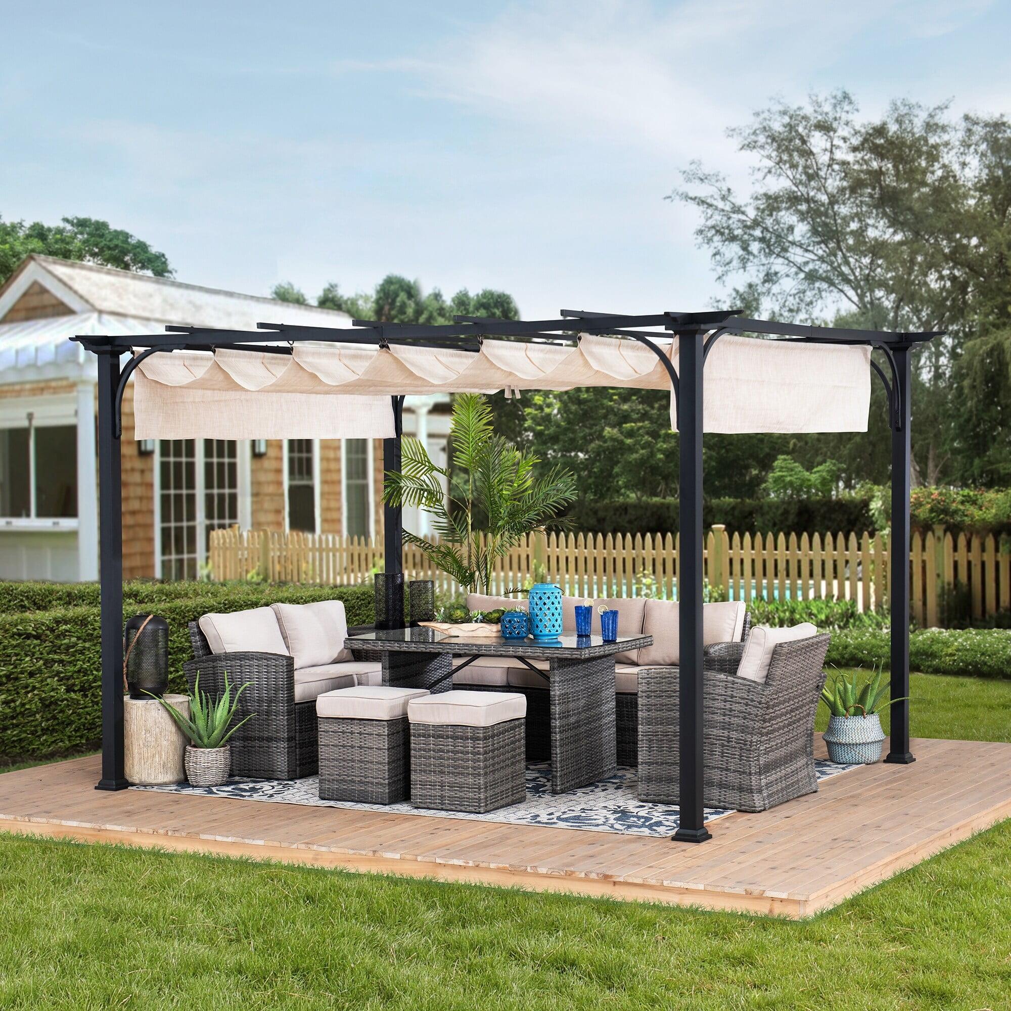 Sunjoy Black Steel Pergola with Beige Retractable Canopy