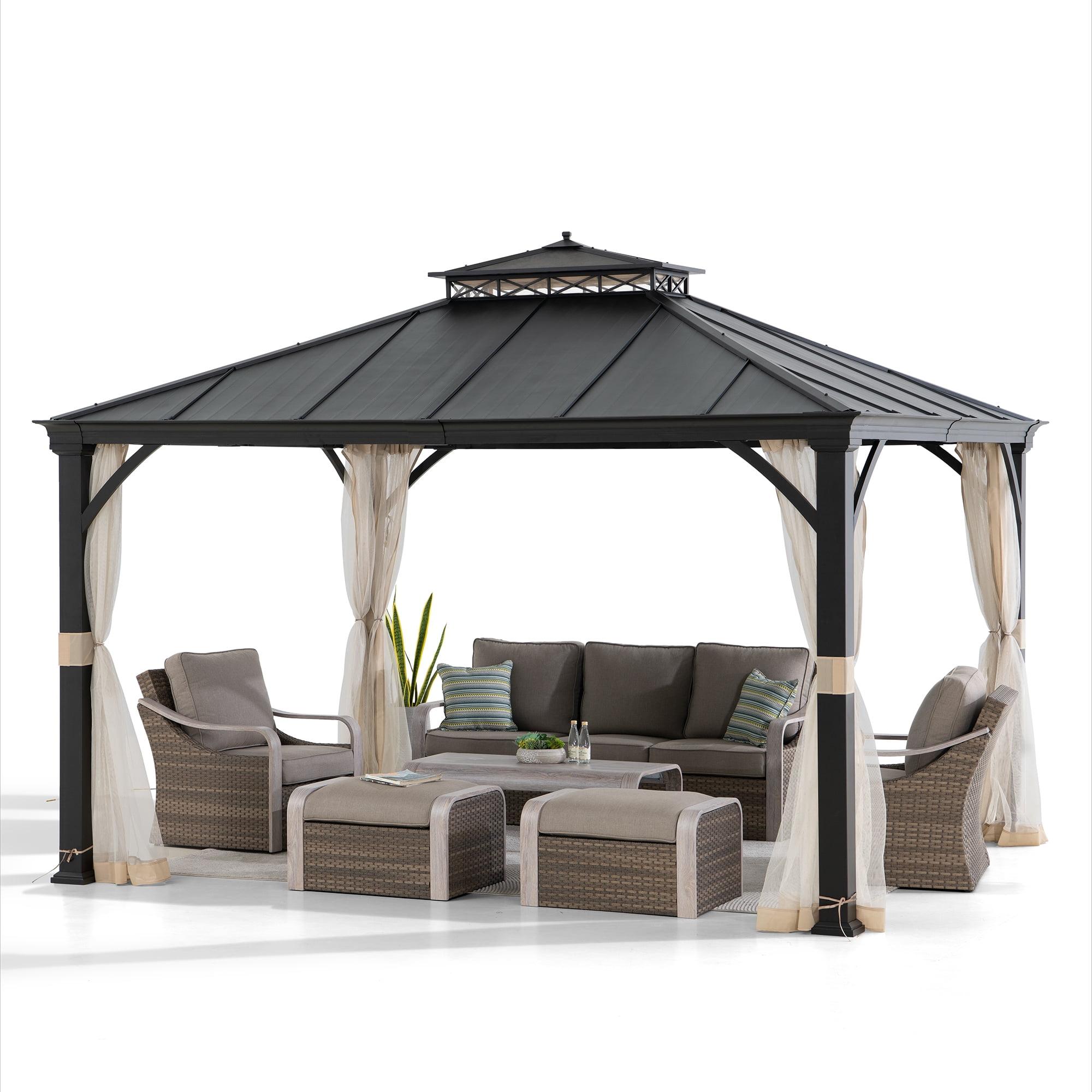 Sunjoy Black Metal 11x13 ft Hardtop Gazebo with Mesh Netting