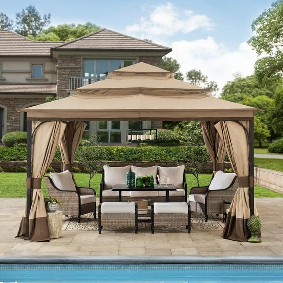 Sunjoy Outdoor Patio Brown Steel Frame 13 ft. x 13 ft. 3-Tier Soft Top Gazebo with Canopy, Mosquito Netting, and Curtains for Backyard Activities