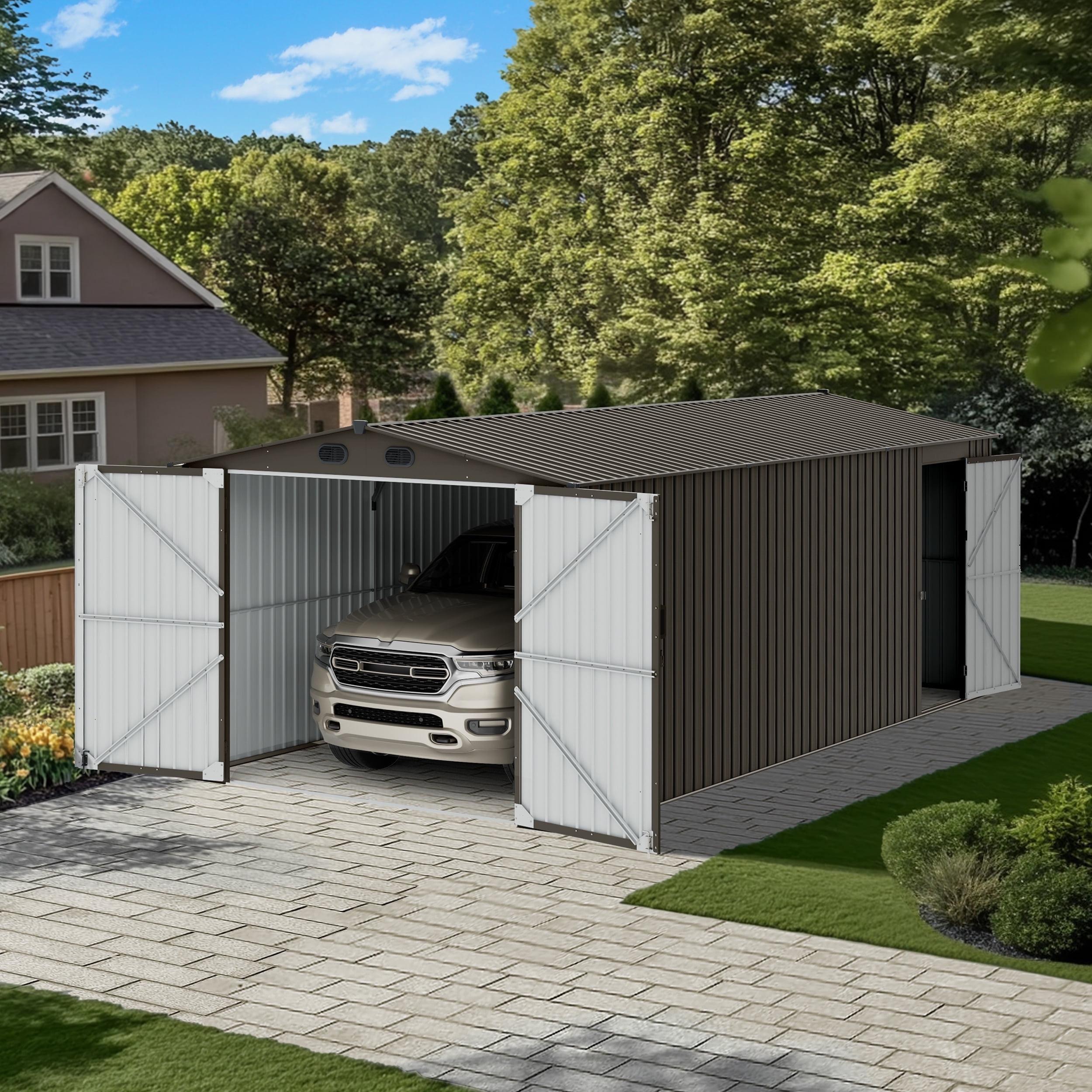 Sunjoy Sunjoy Outdoor Storage Shed 10 x 20 ft. Carport, Patio Metal Utility Large Storage Shed Garage with 2 Doors and 4 Vents, for Car, Truck, Bike, Garbage Can, Tool, Lawnmower