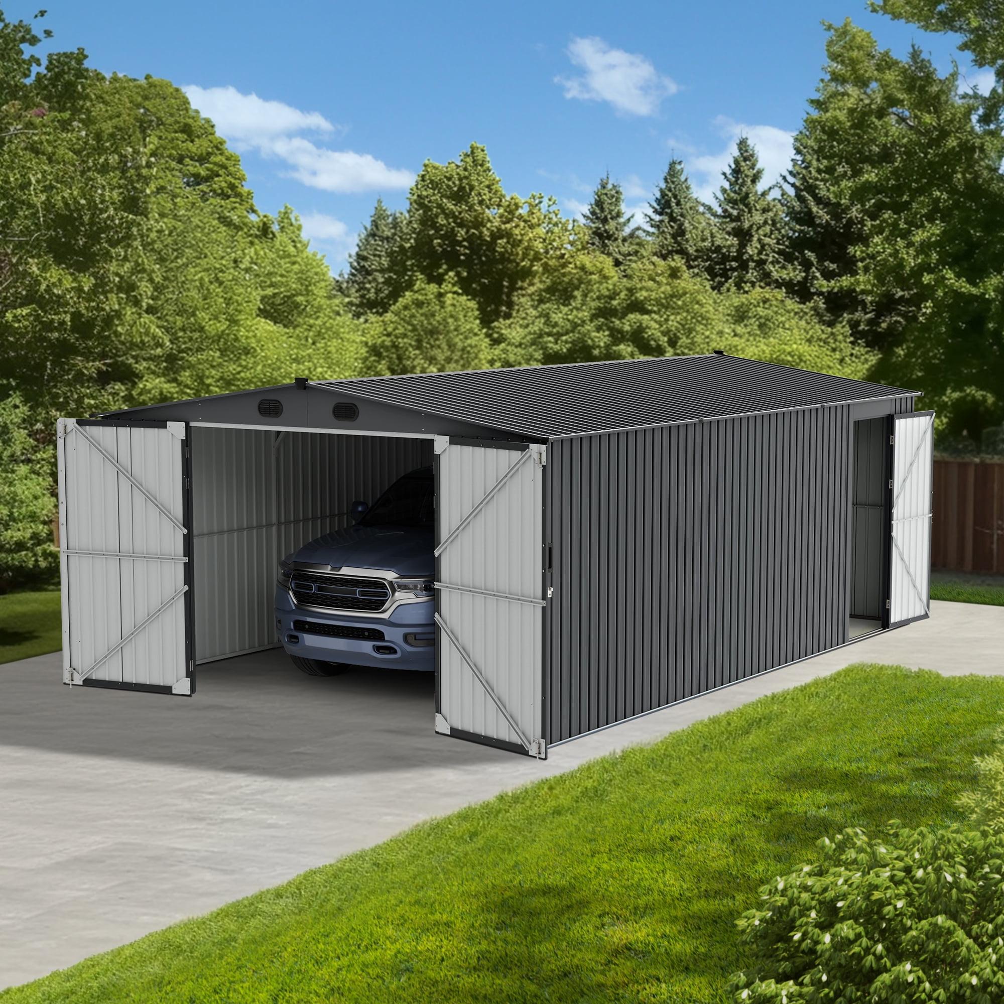 Sunjoy Sunjoy Outdoor Storage Shed 13 x 20 ft. Carport, Patio Metal Utility Large Storage Shed Garage with 2 Doors and 4 Vents, for Car, Truck, Bike, Garbage Can, Tool, Lawnmower