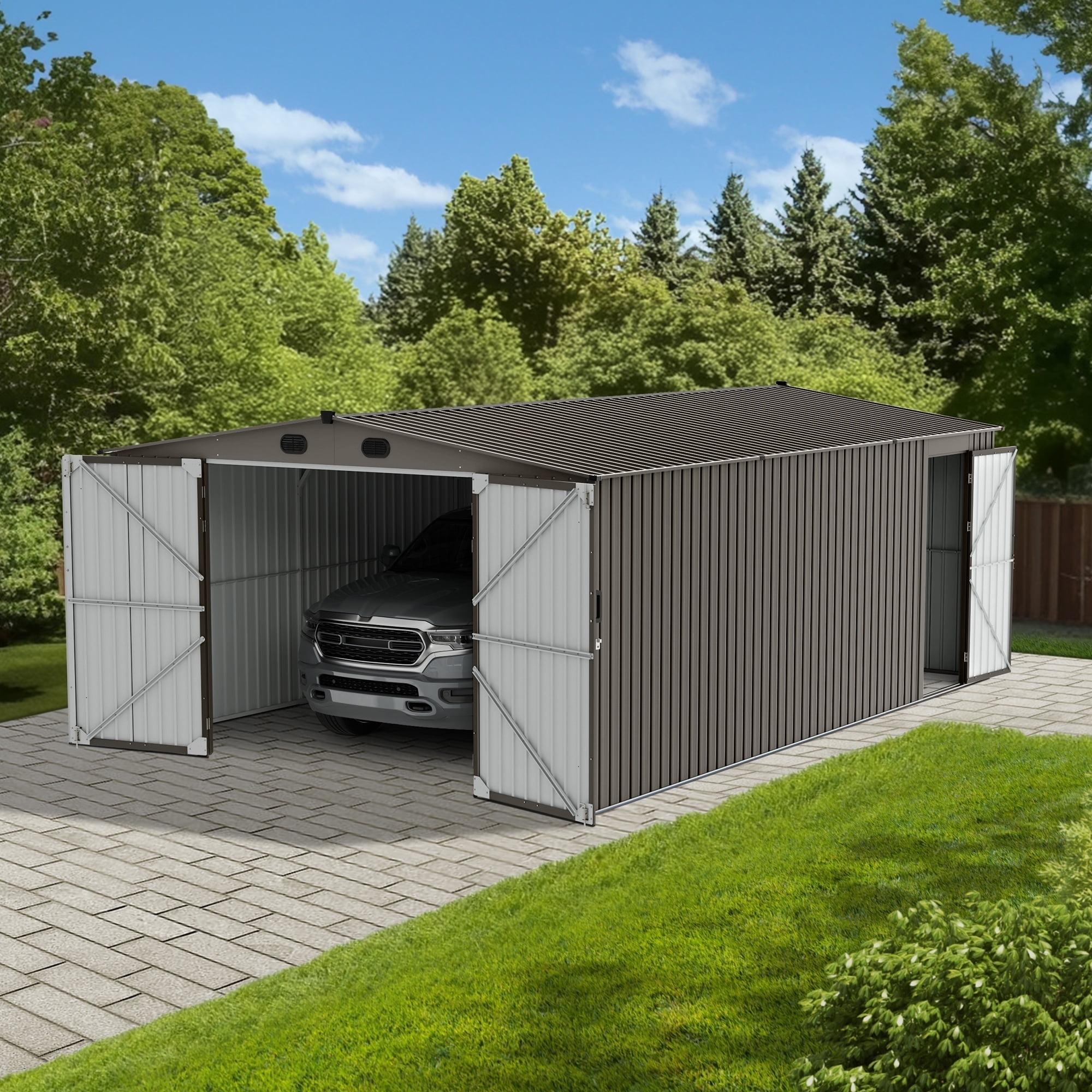 Sunjoy Outdoor Storage Shed 13 x 20 ft. Carport, Patio Metal Utility Large Storage Shed Garage with 2 Doors and 4 Vents, for Car, Truck, Bike, Garbage Can, Tool, Lawnmower