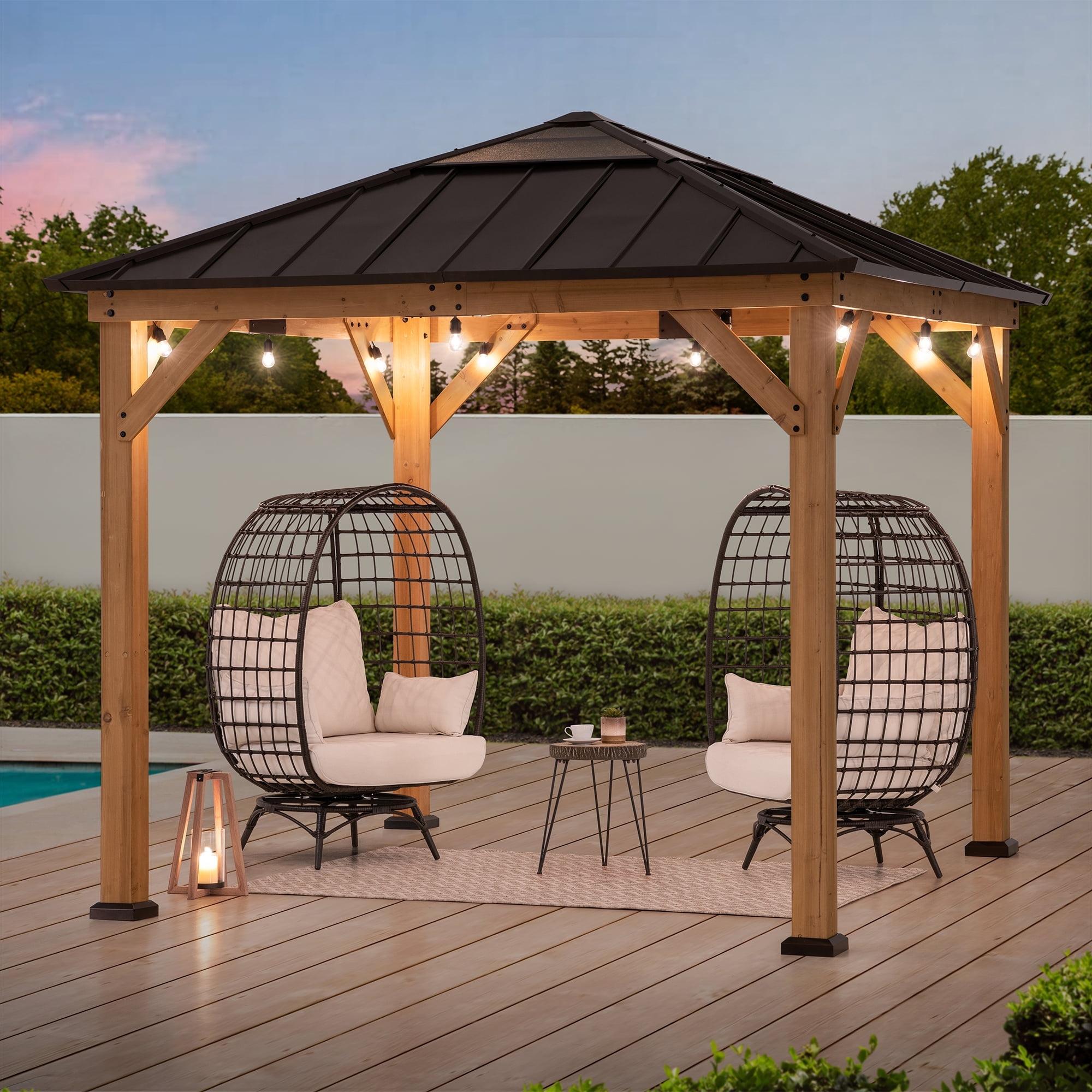 SUNJOY Hardtop Gazebo 9 x 9 ft. Cedar Framed Wood Gazebo with Brown Steel & Polycarbonate Pyramid Hip Roof and Ceiling Hook for Garden, Backyard Shade, Brown Roof + Natural Wood Frame