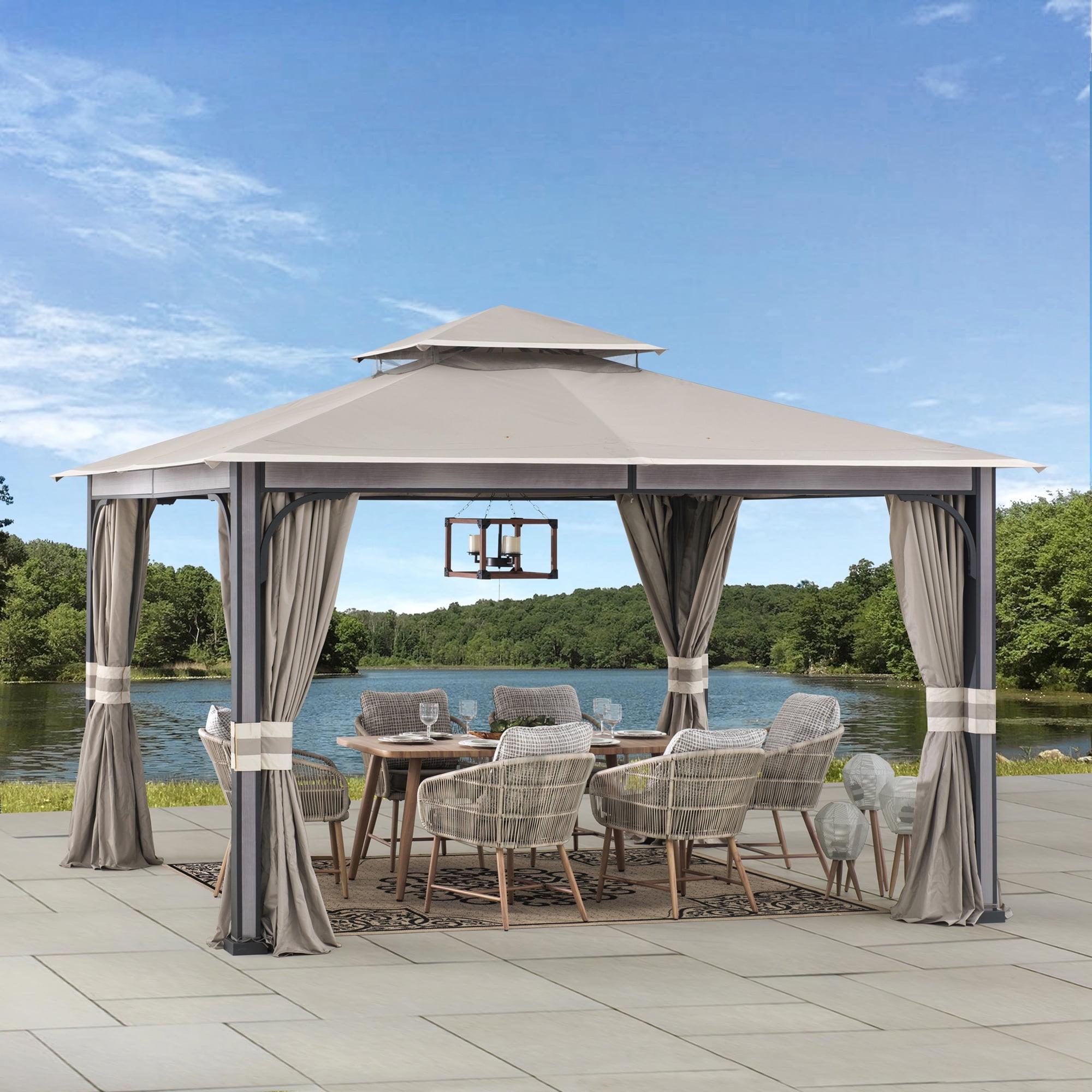 Light Gray 11 x 13 ft. Steel Frame 2-Tier Gazebo with Netting and Curtains