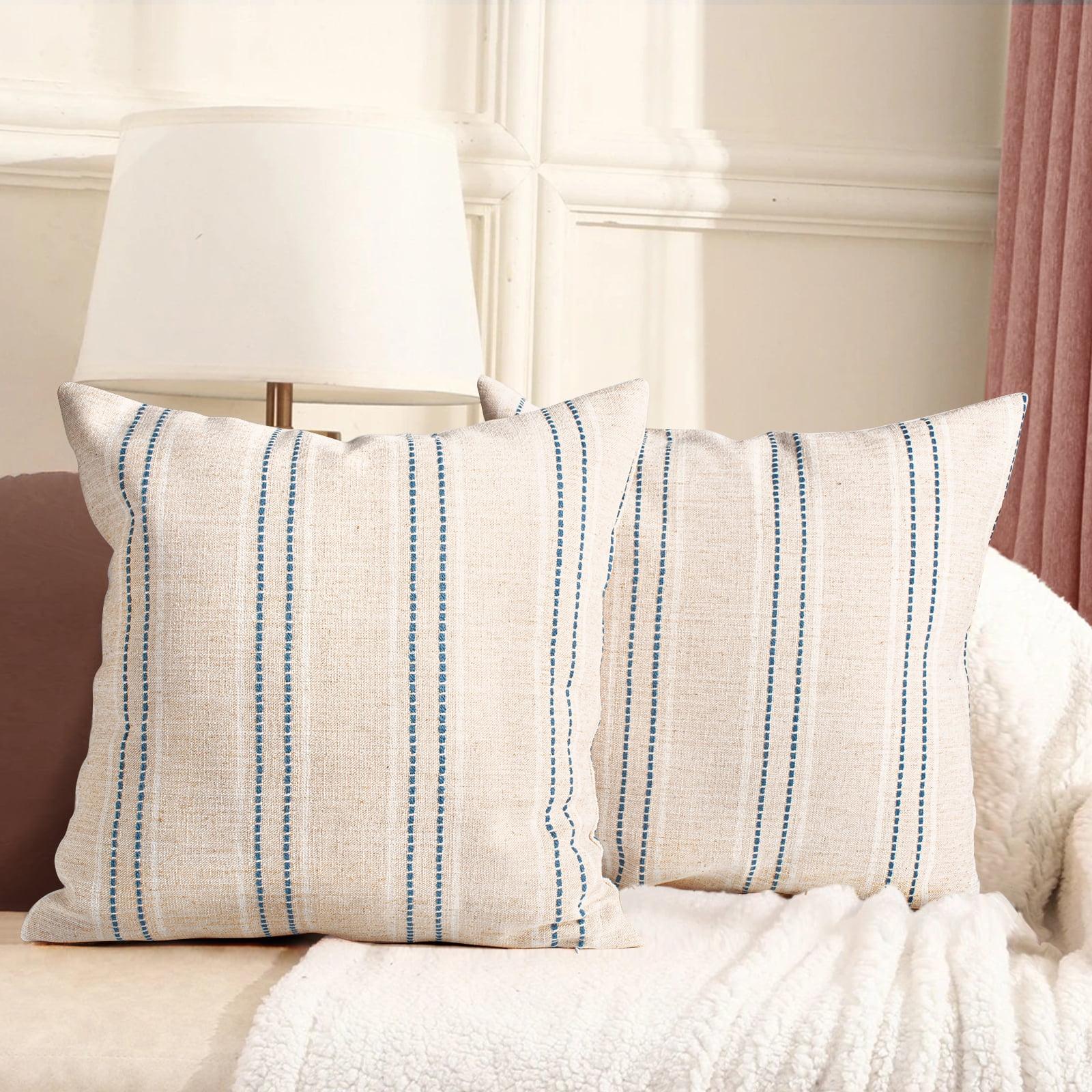 Beige and Navy Blue Farmhouse Stripe 18" Pillow Covers Set