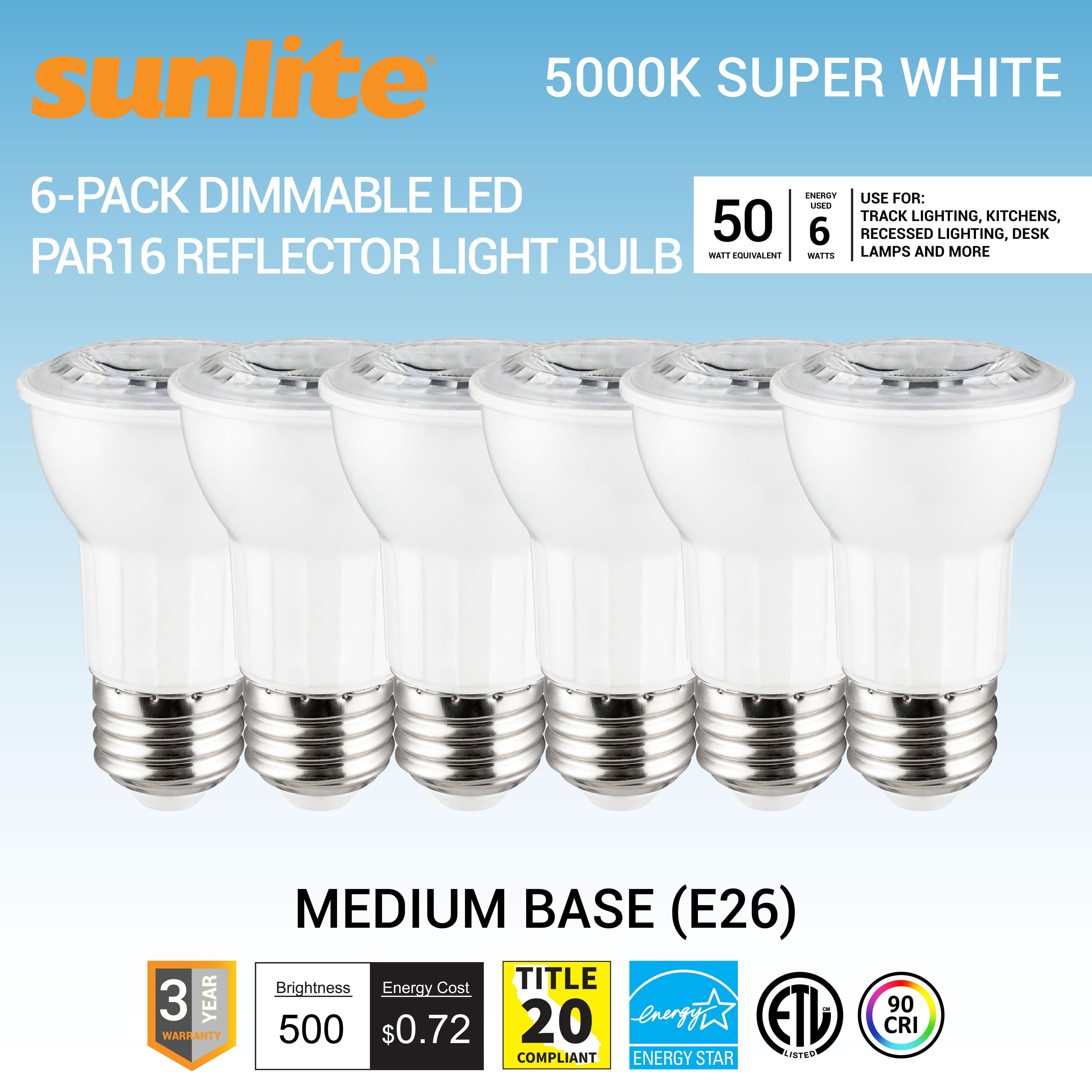Sunlite LED PAR16 Reflector Light Bulb, 6 Watts (50W Equivalent), Medium E26 Base, Dimmable,ETL Listed, 5000K Daylight, 6-Pack