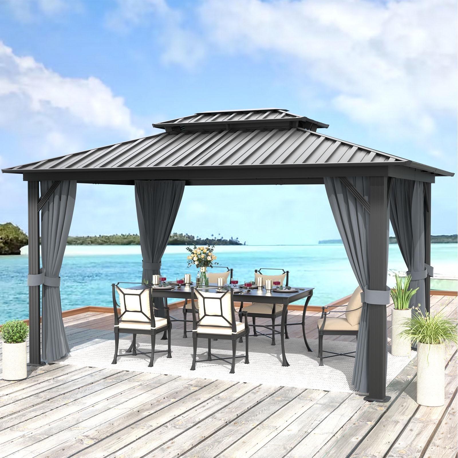 Sunmthink 10x12 ft. Hardtop Gazebo with Mosquite Netting, Double Metal Roof for Lawn and Garden, Brown
