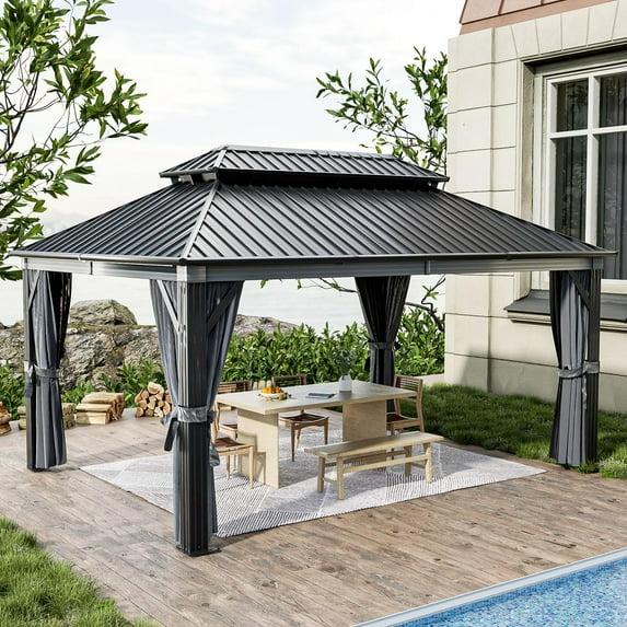 Kozyard Kozyard Alexander Gray Double Roof Hardtop Gazebo with Privacy Curtain Mosquito Netting