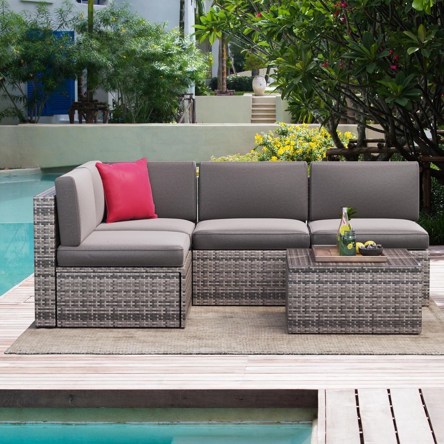 Gray 5-Piece PE Rattan Wicker Outdoor Sectional Set with Glass Table