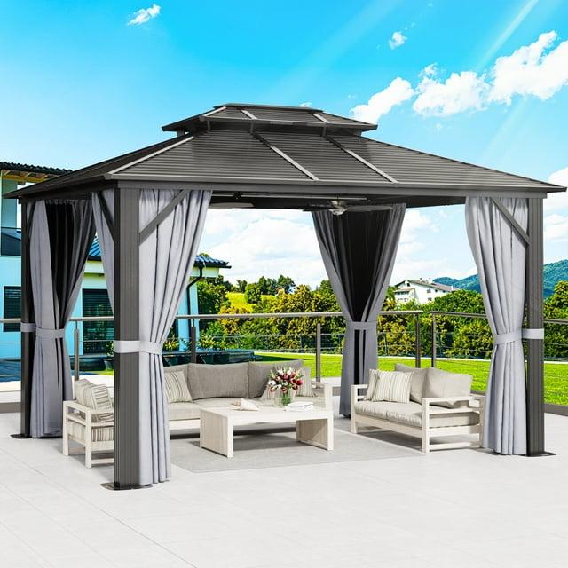 Sunmthink Patio 10x12 ft. Hardtop Gazebo, Double Roof Aluminum Frame with Netting and Curtains, Gray