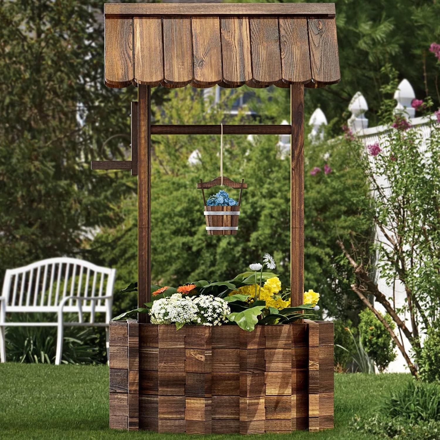 Rustic Brown Wooden Wishing Well Planter with Hanging Bucket