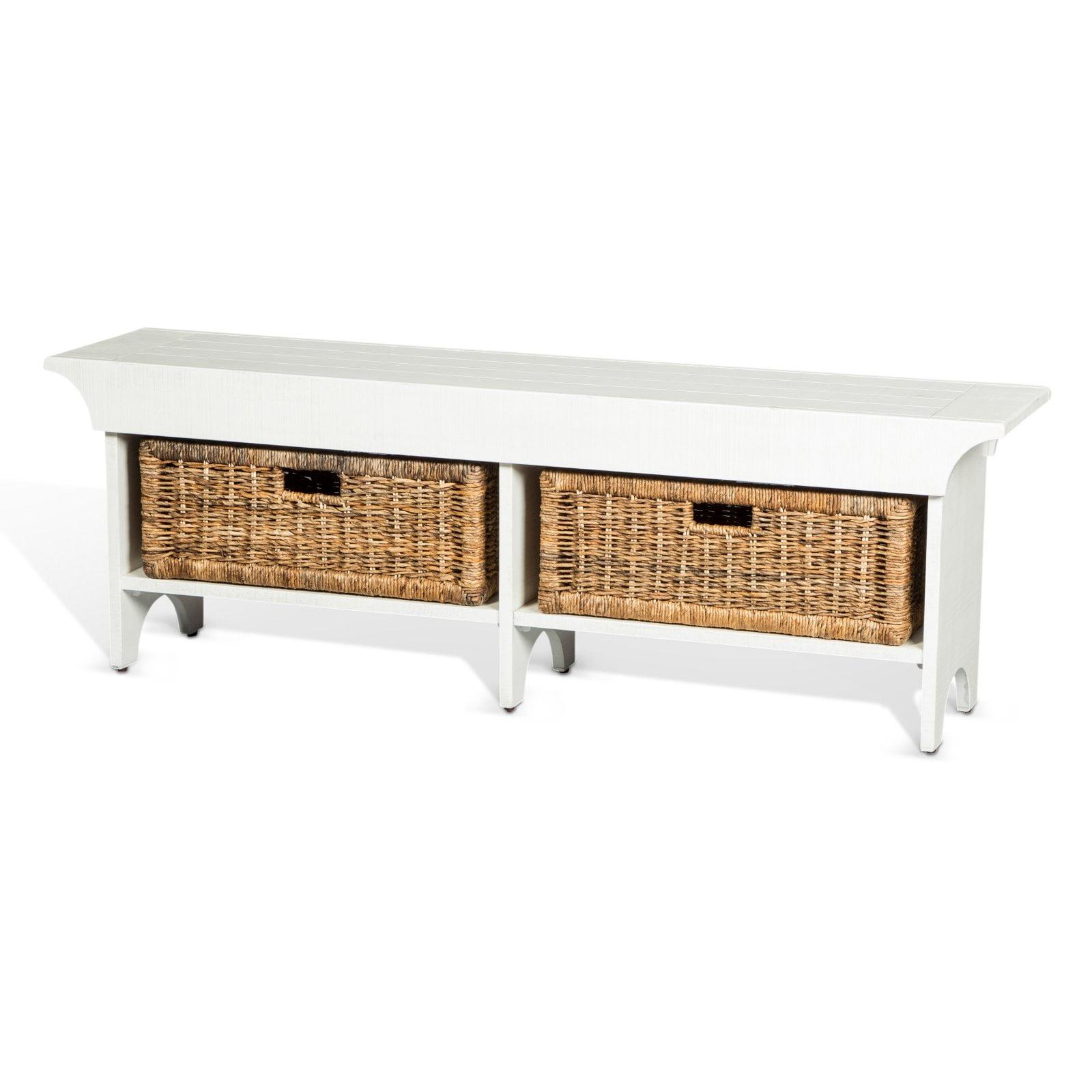 Manor House 18" White Mahogany Storage Bench with Rattan Baskets