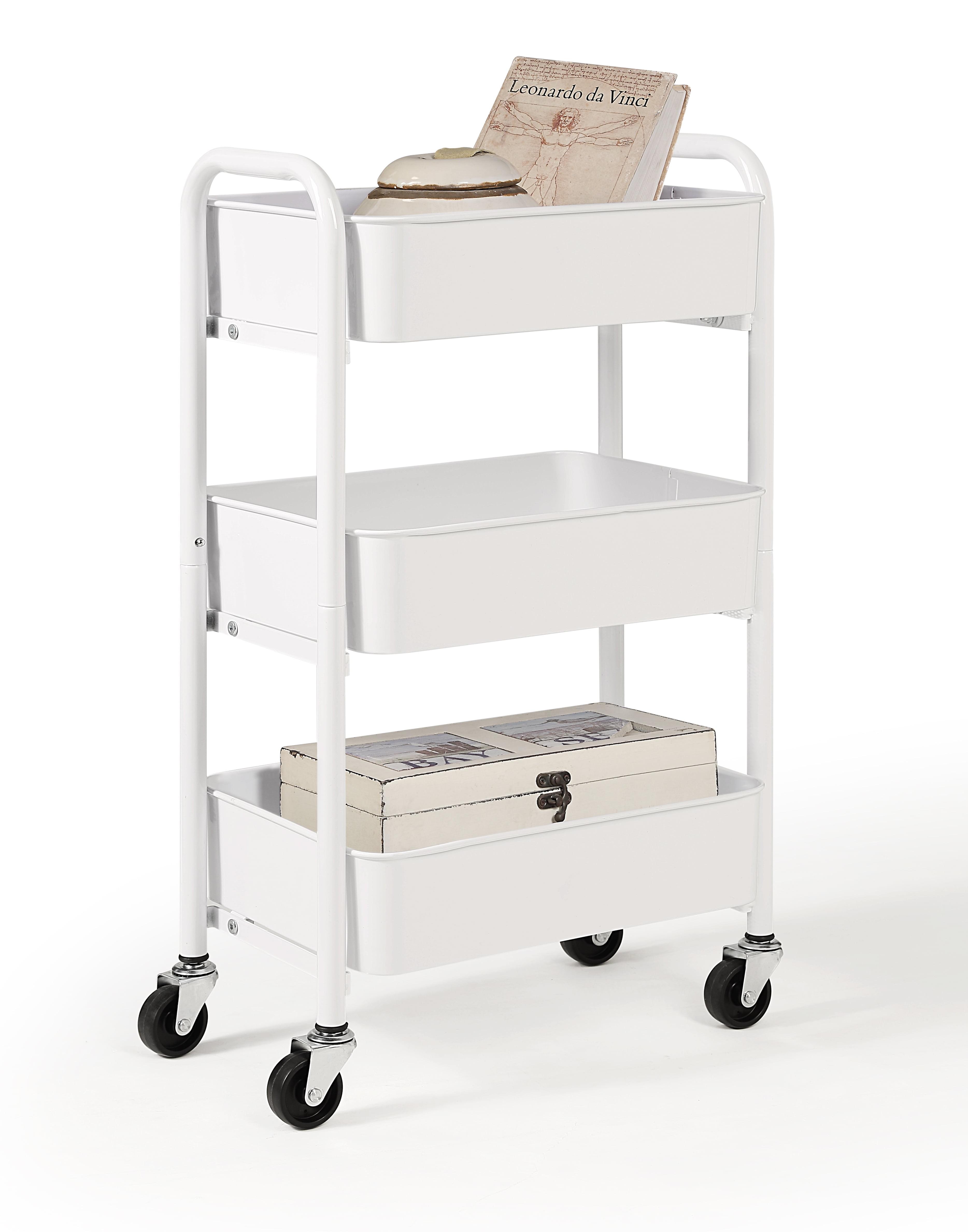 SunnyPoint 3-Tier Compact Rolling Metal Utility Cart With Caster Wheels, White