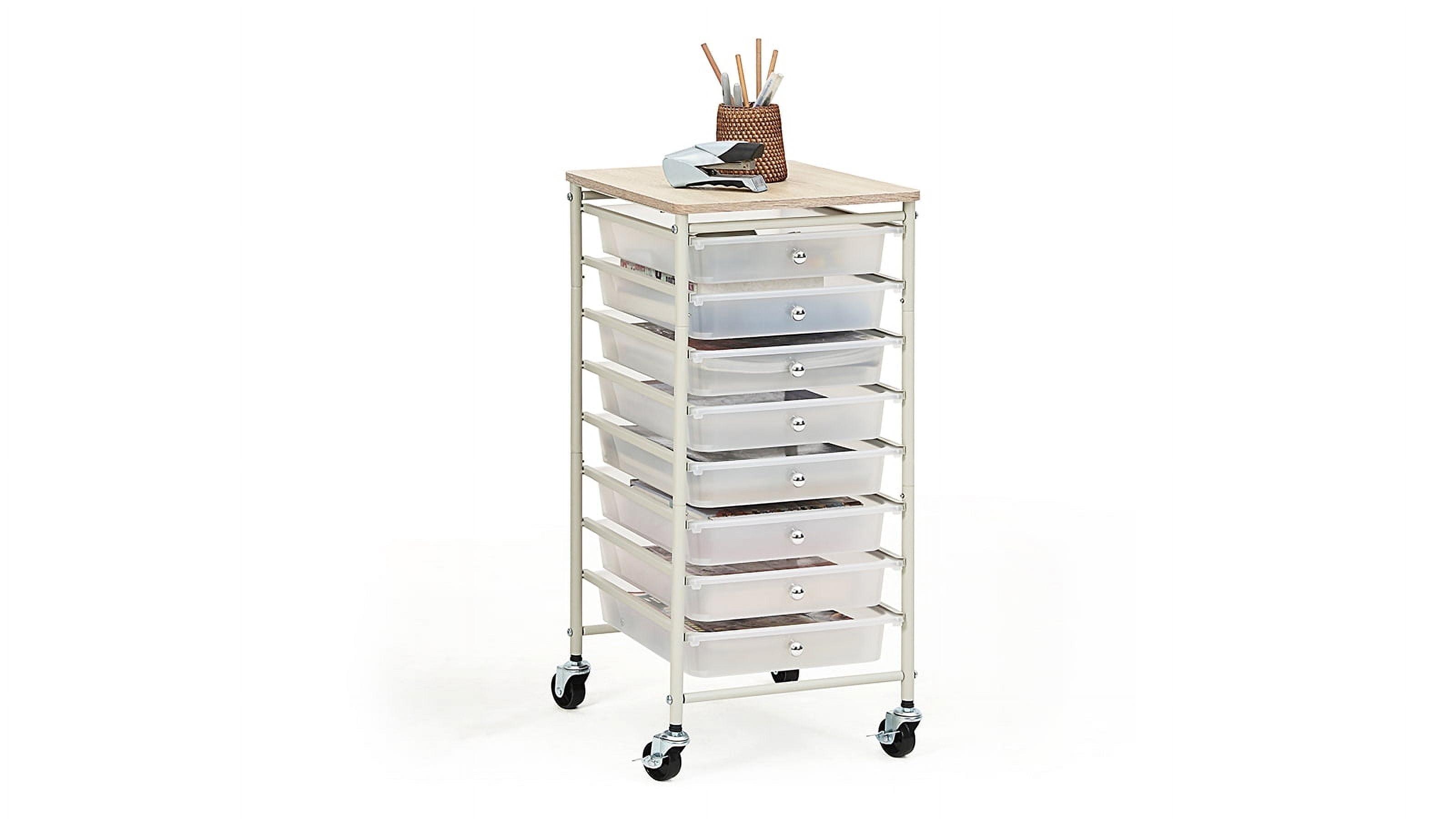 SunnyPoint 8-Drawer Rolling Storage Cart with Wooden Top – Mobile Organizer with Lockable Wheels for Office, Home, and Closet Storage (White)