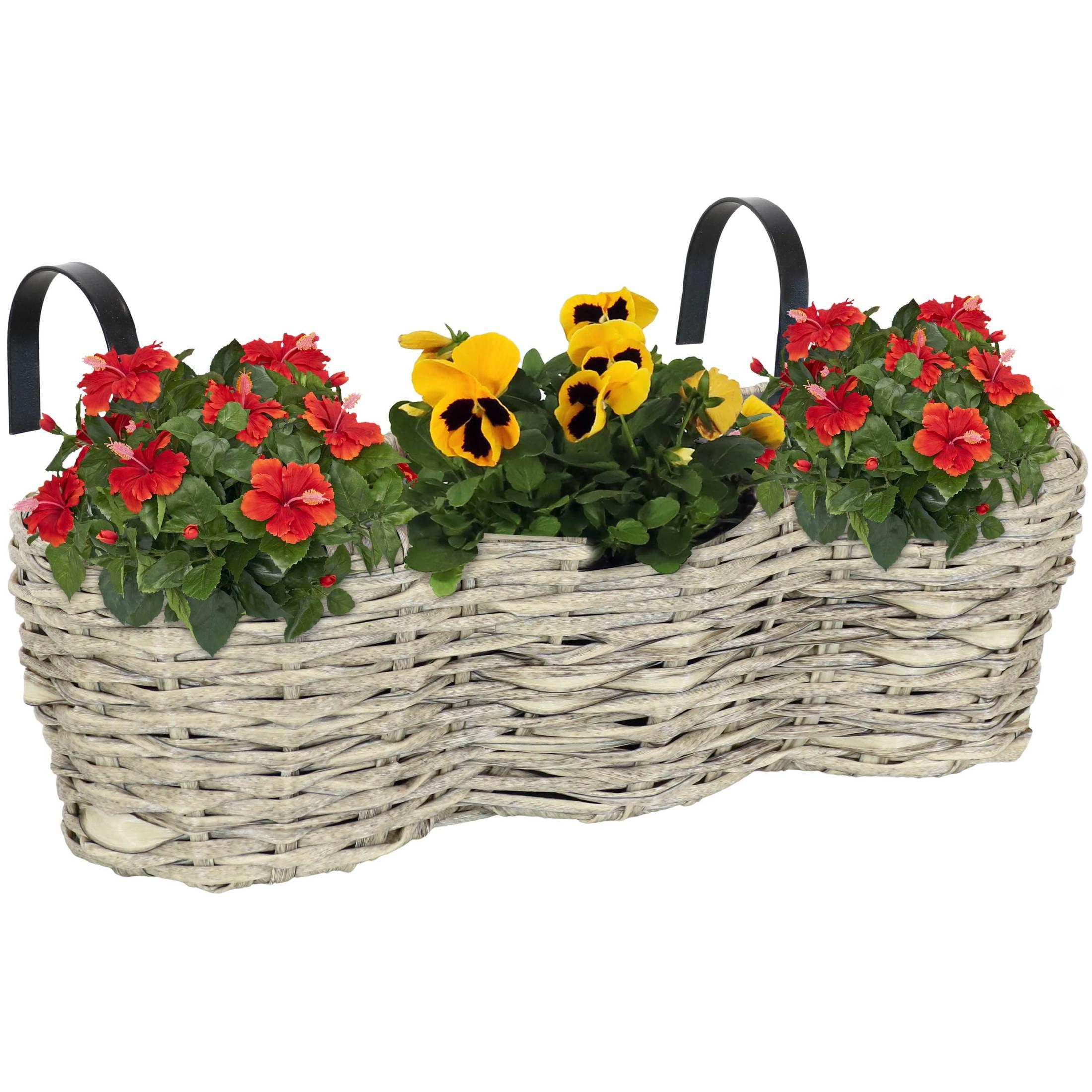 Sunnydaze Indoor/Outdoor Polyrattan Over-the-Rail Tri-Planter with 3 Round Black Plastic Liners - Frost