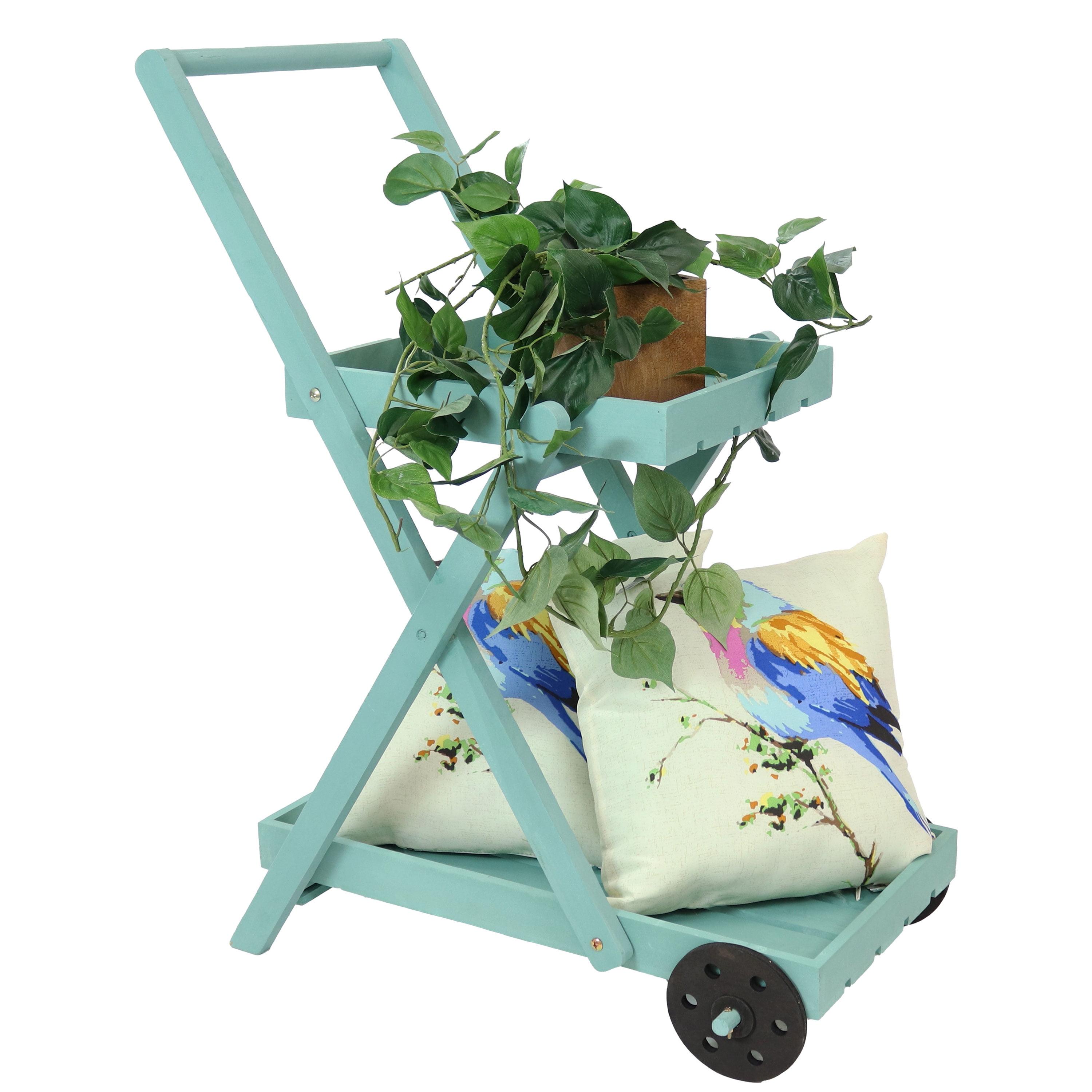 Sunnydaze 2-Tier Fir Wheeled Planter Stand - 34” H - Robin Egg Blue