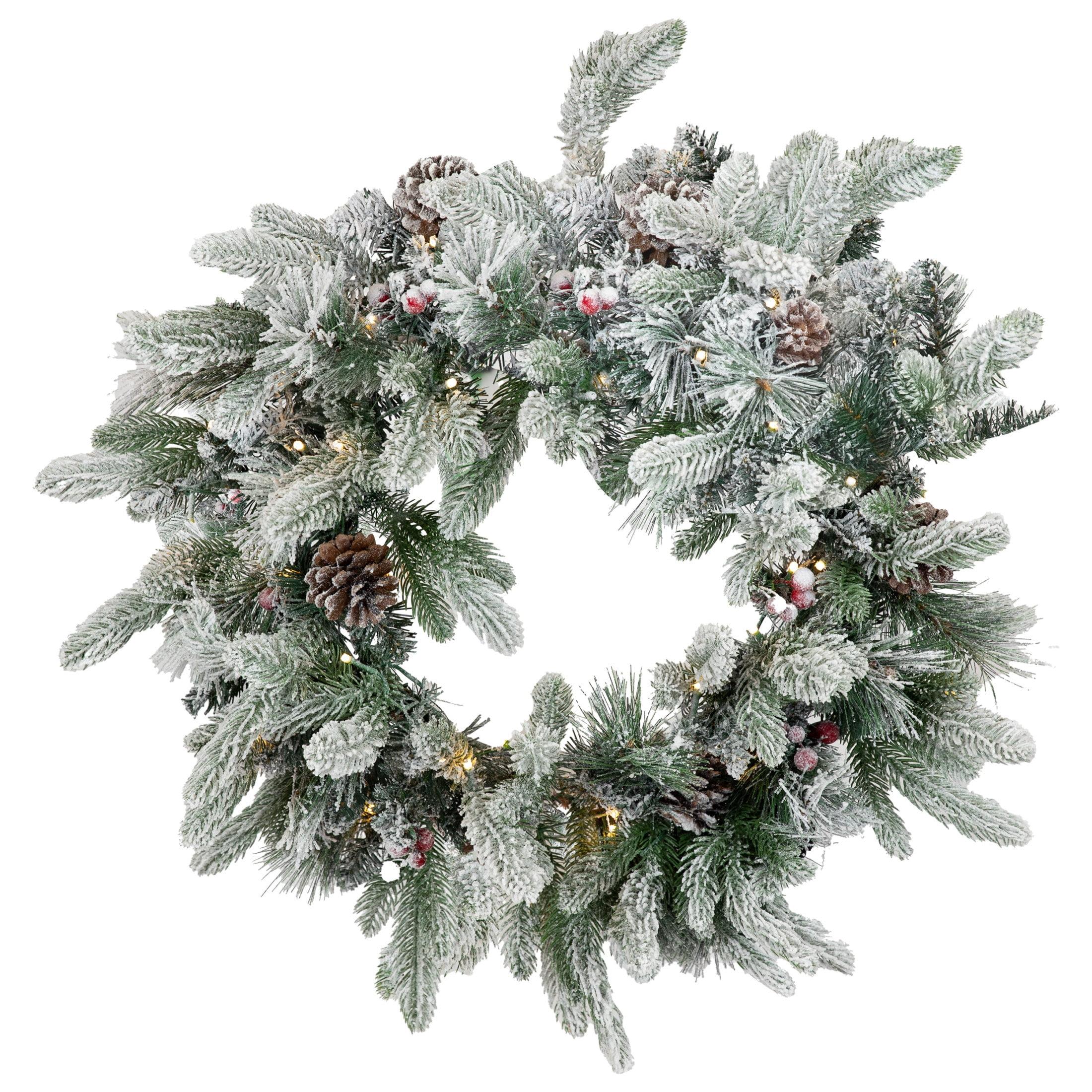 Sunnydaze 24" Diameter Indoor or Outdoor PVC Christmas Wreath with Pinecones and Berries - Flocked