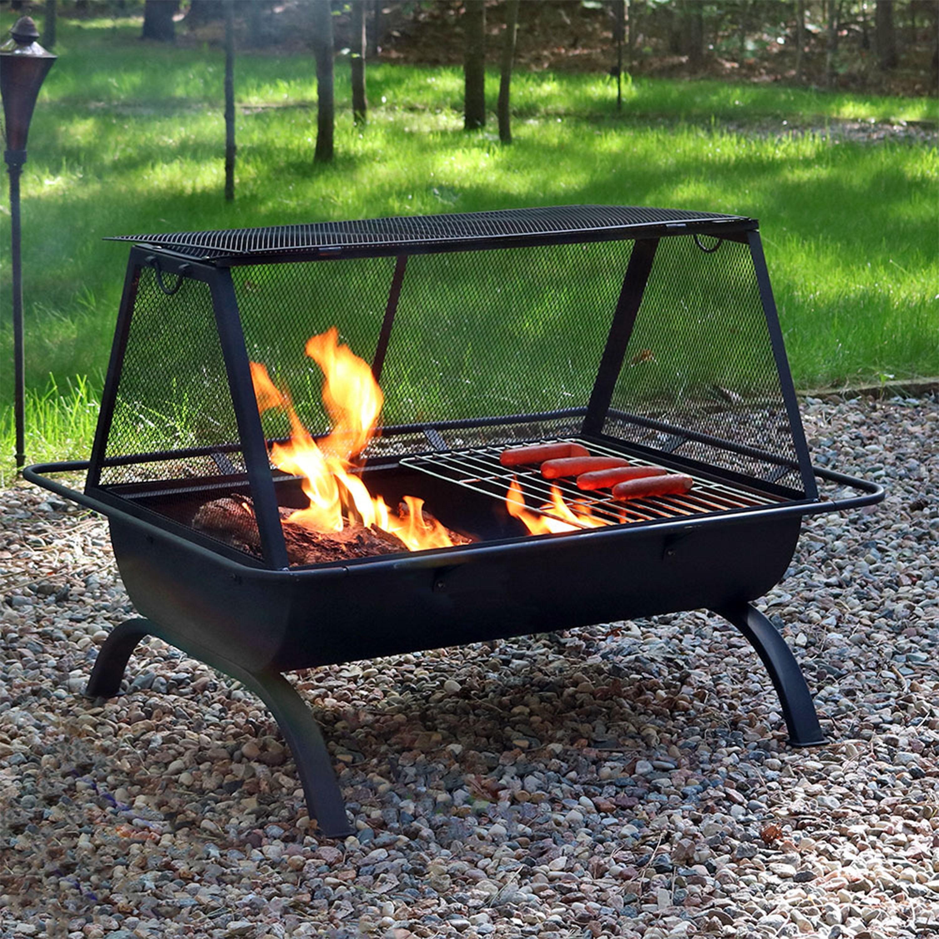 Sunnydaze Outdoor Camping or Backyard Rectangular Northland Fire Pit with Cooking Grill Grate, Spark Screen, Log Poker, and Fire Pit Cover - 36"