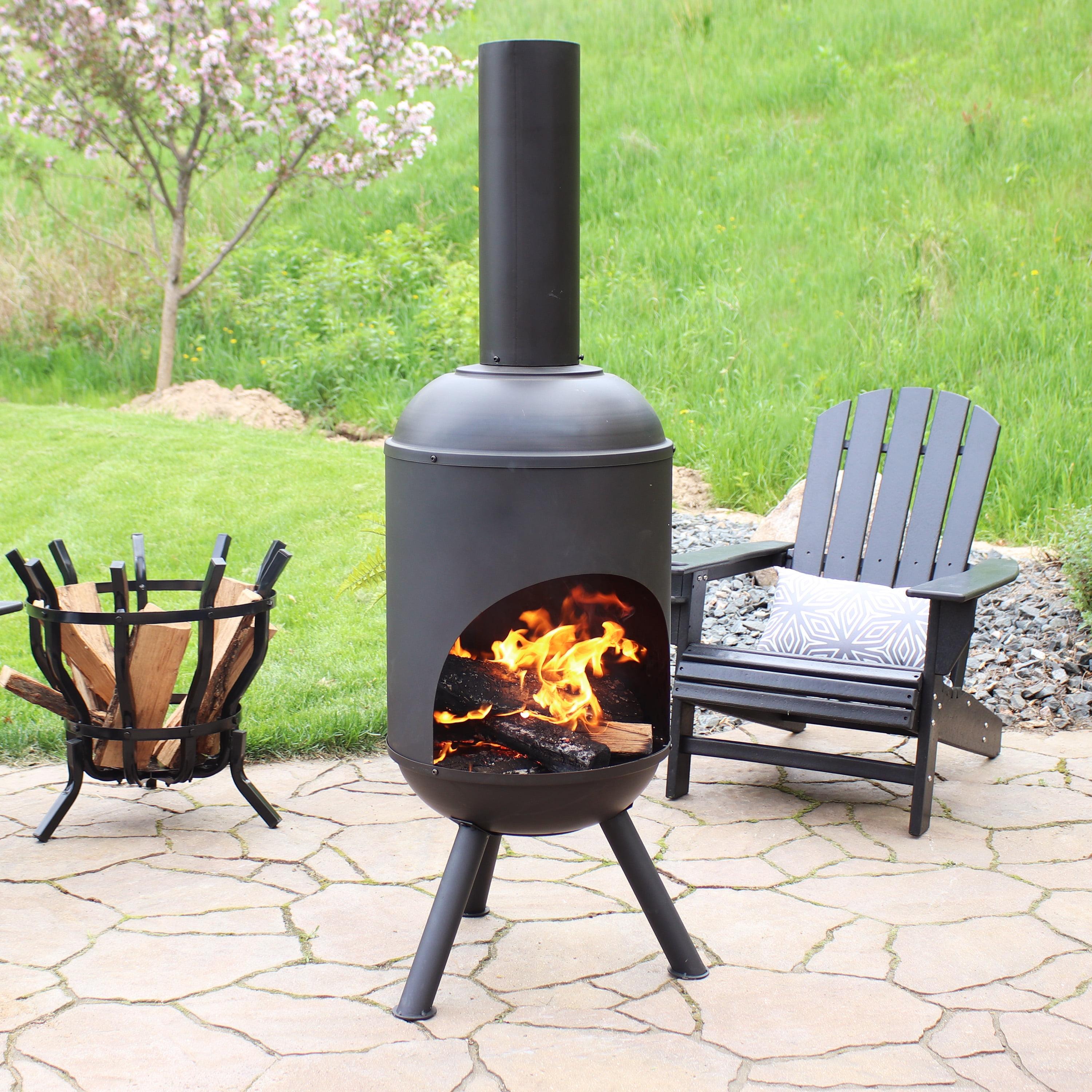 60" Heat-Resistant Black Finish Steel Wood-Burning Chiminea with Wood Grate