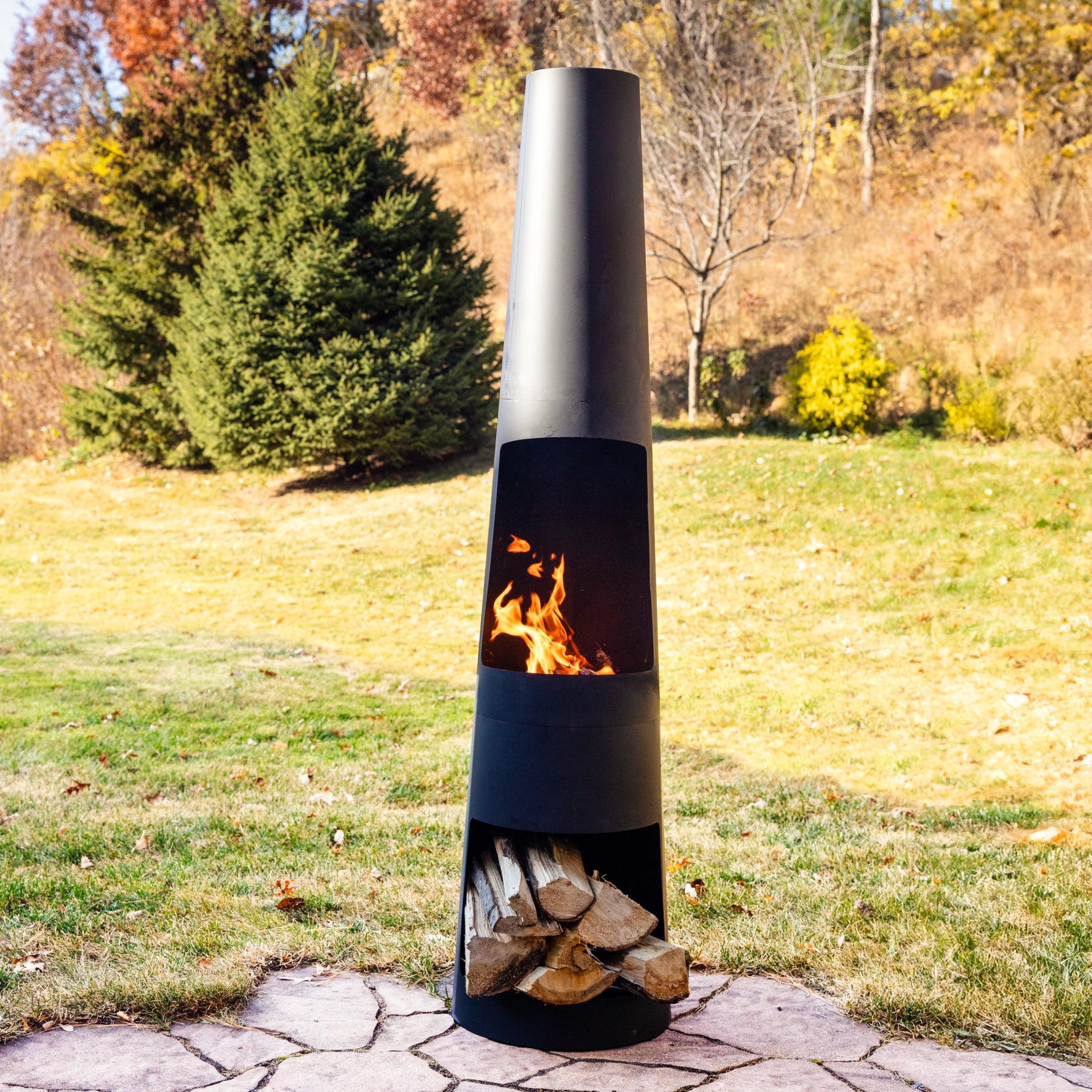 17 Stories 59" Black Finish Steel Outdoor Chiminea Fire Pit with Built-In Log Holder