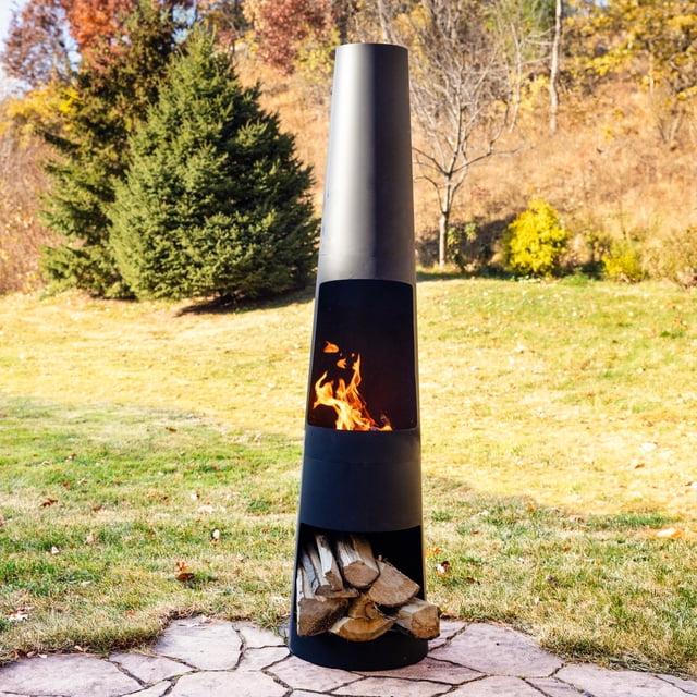 17 Stories 59" Black Finish Steel Outdoor Chiminea Fire Pit with Built-In Log Holder