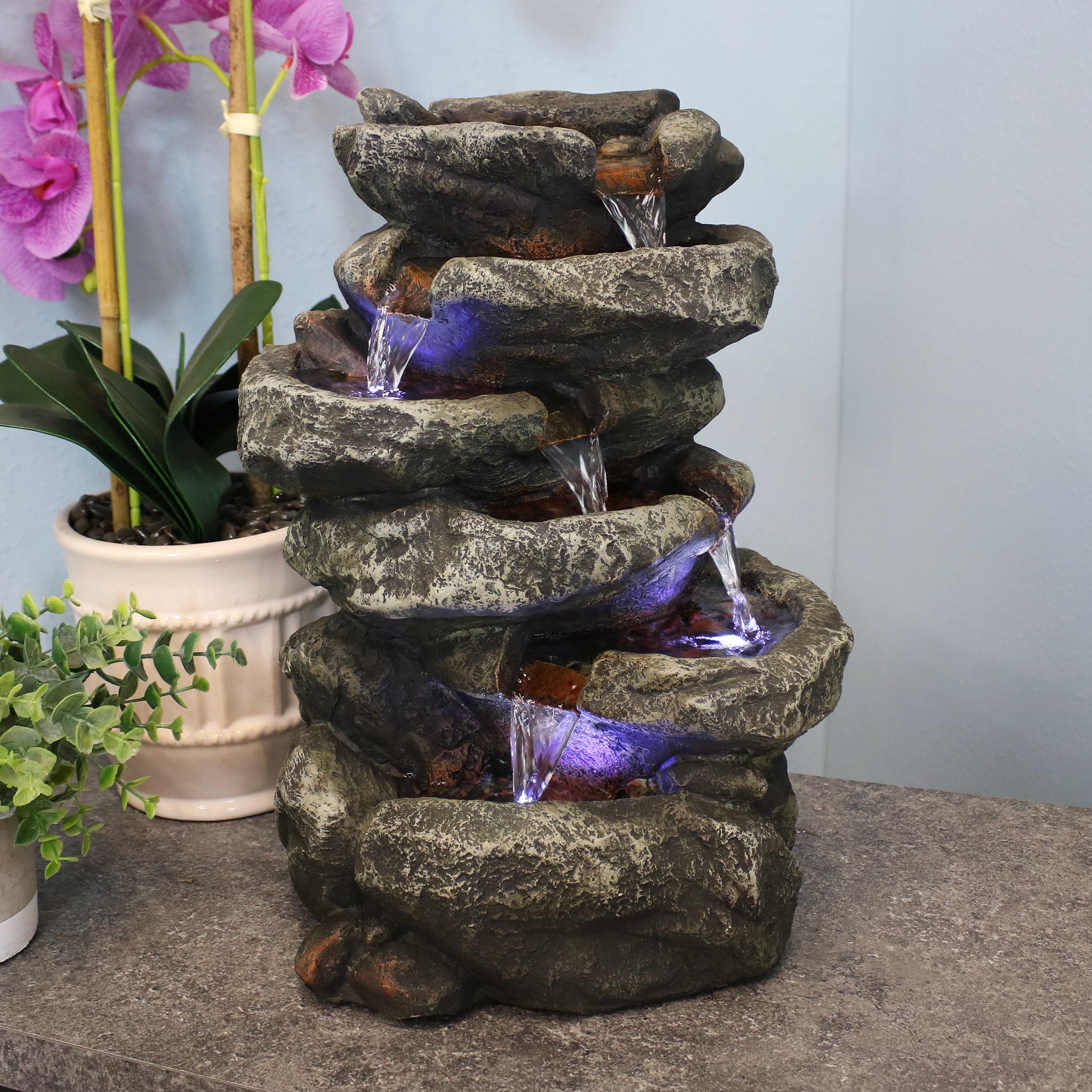 Sunnydaze Indoor Home Office Relaxing 6-Tiered Stone Falls Tabletop Water Fountain with LED Lights - 15"