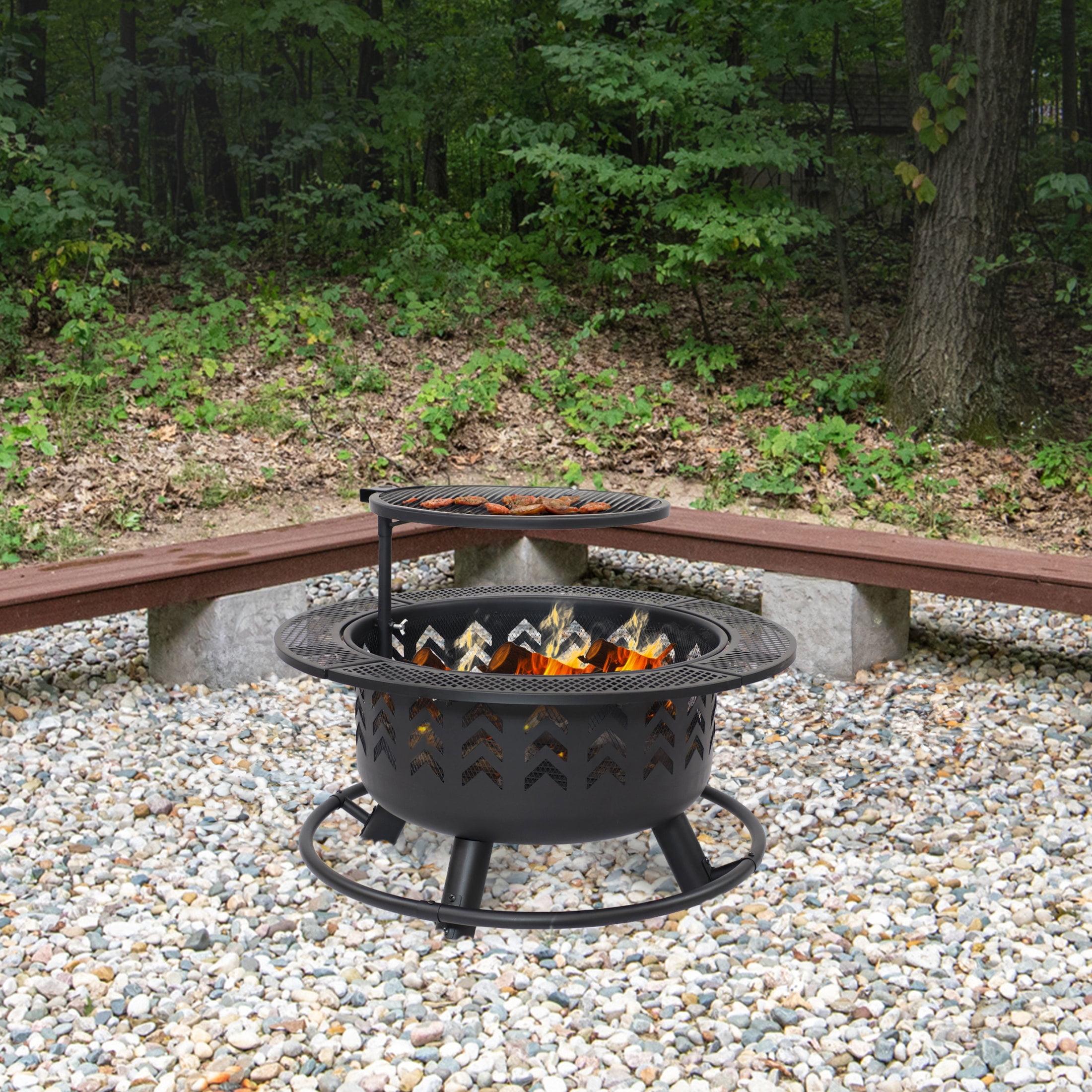 Sunnydaze Arrow Motif Heavy-Duty Steel Fire Pit with Cooking Grate, and PVC Cover - 32-Inch Round - Black