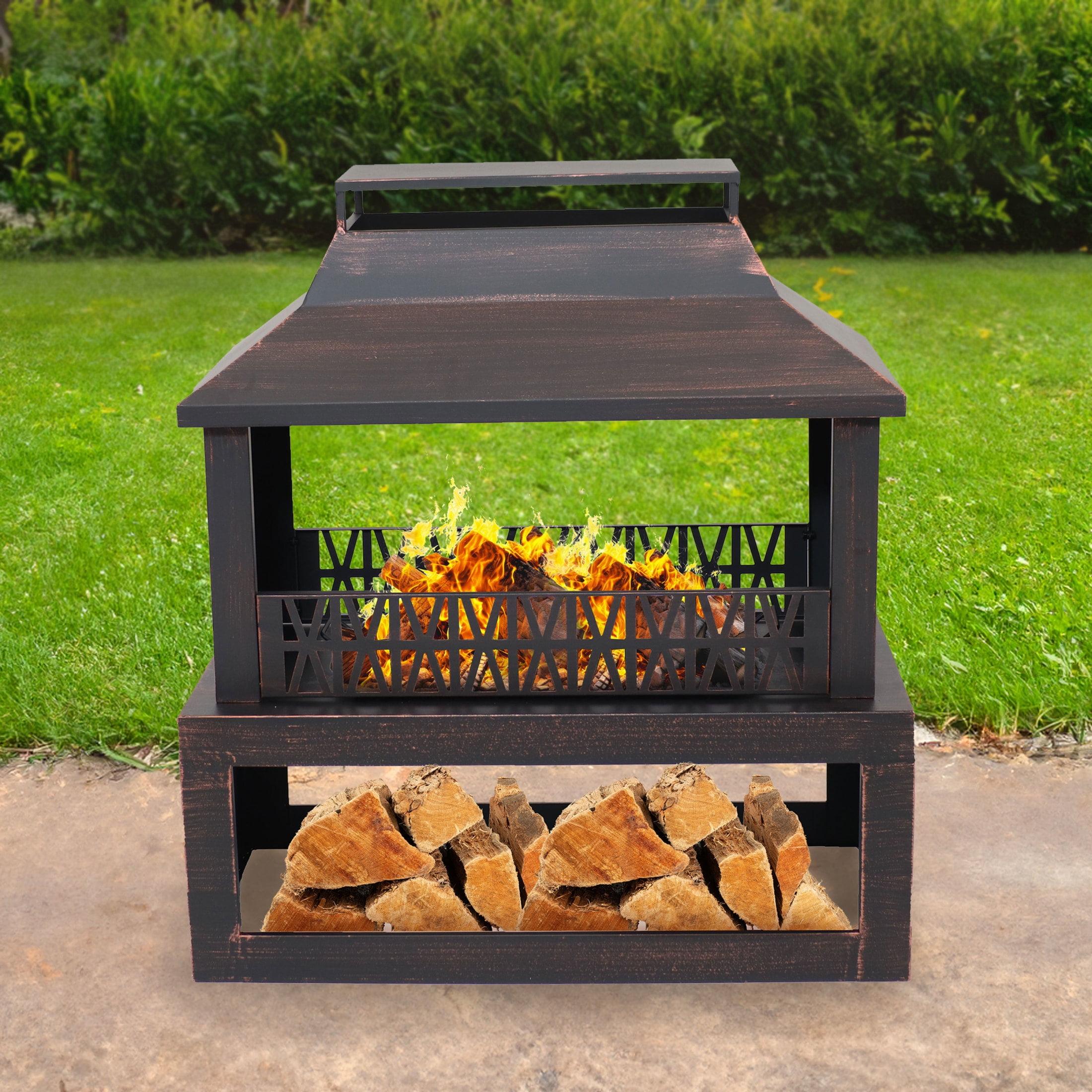 Lark Manor™ Courter 29" Rectangle Bronze Finish Steel Outdoor Fireplace with Log Storage