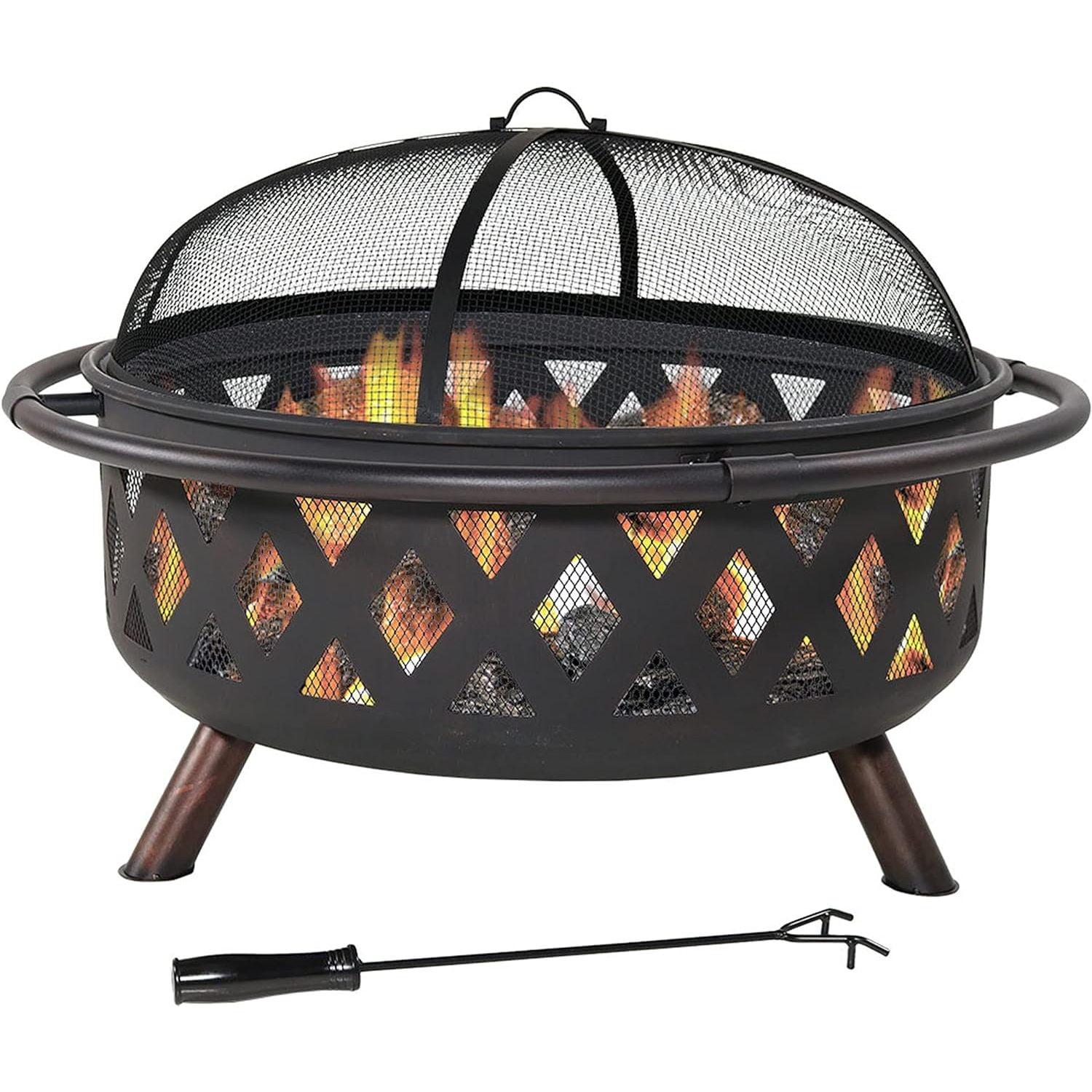 36-Inch Black Steel Crossweave Wood-Burning Fire Pit with Spark Screen