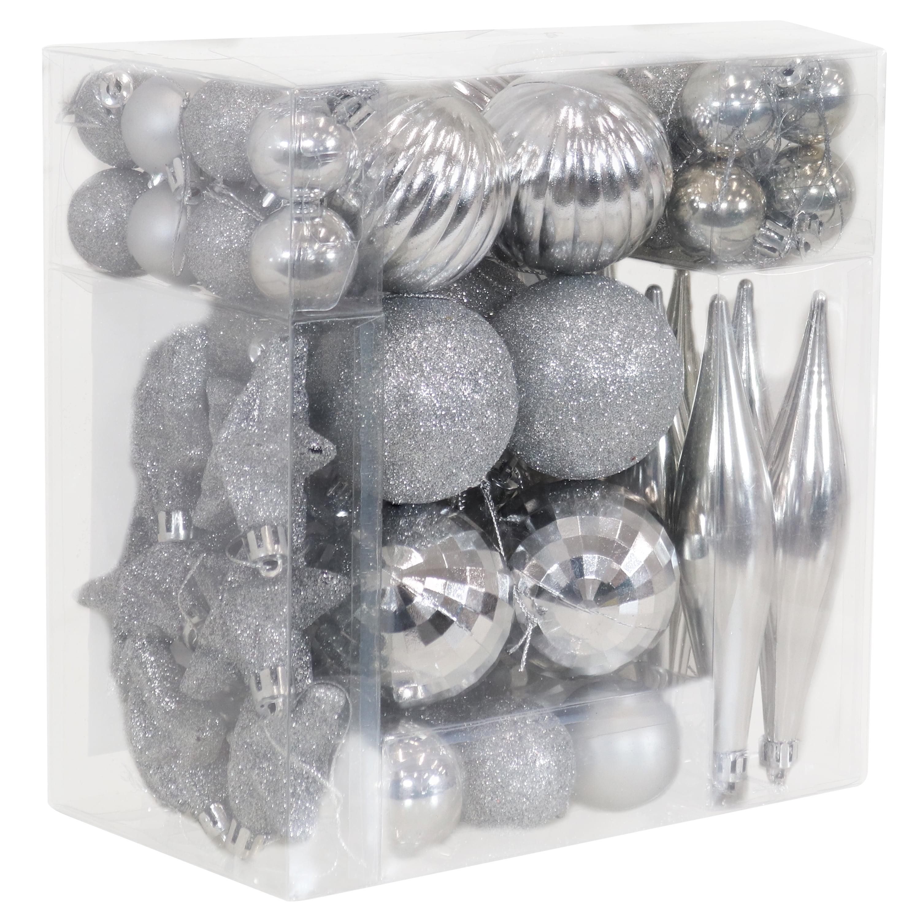 Silver Shatterproof Plastic Christmas Ornament Set, 59 Pieces