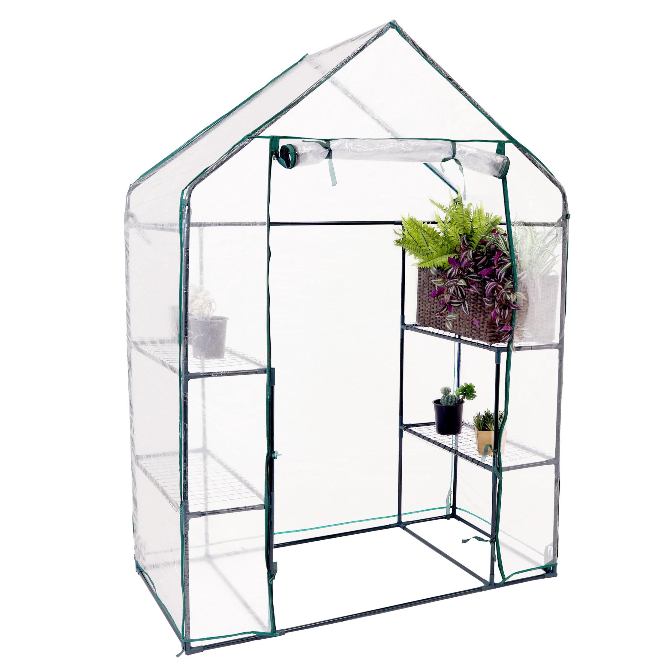 Sunnydaze Outdoor Portable Tiered Growing Rack Deluxe Walk-In Greenhouse with Roll-Up Door - 4 Shelves - Clear - 54" x 28" x 77"