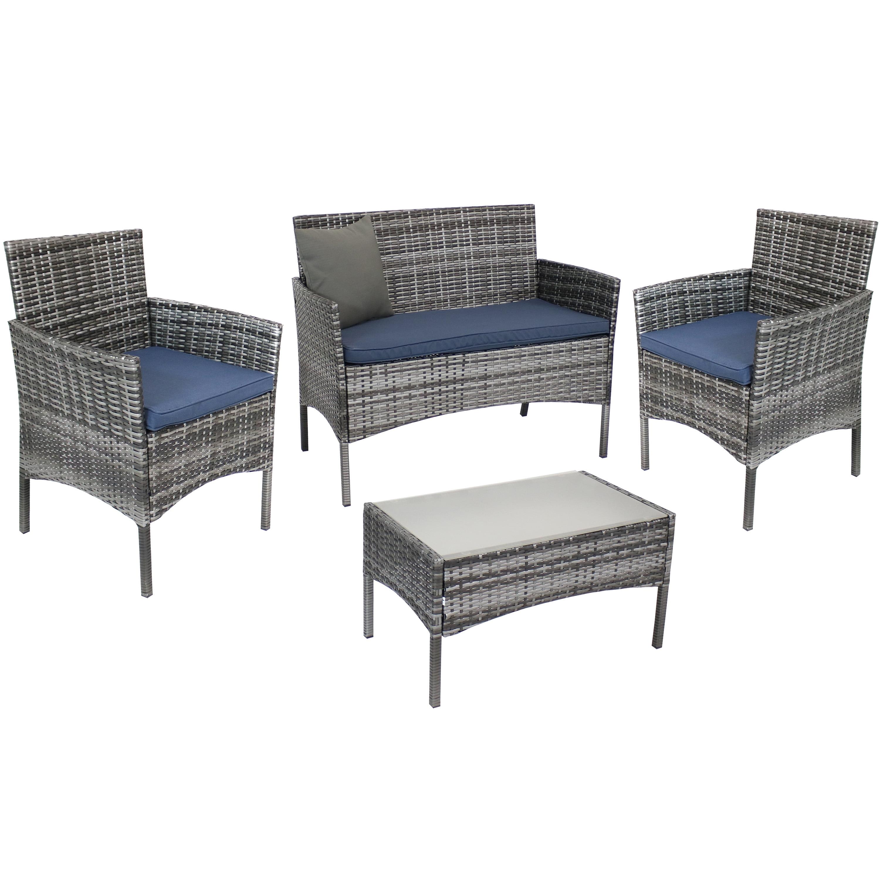 Gray Rattan 4-Piece Patio Set with Navy Cushions