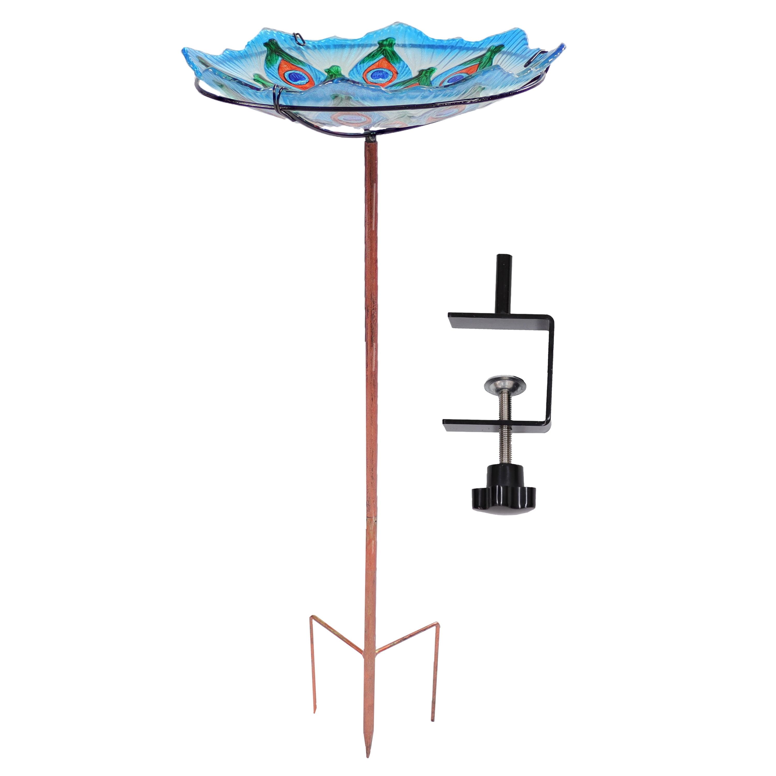 Turquoise Glass Bird Bath with Stand and Deck Clamp