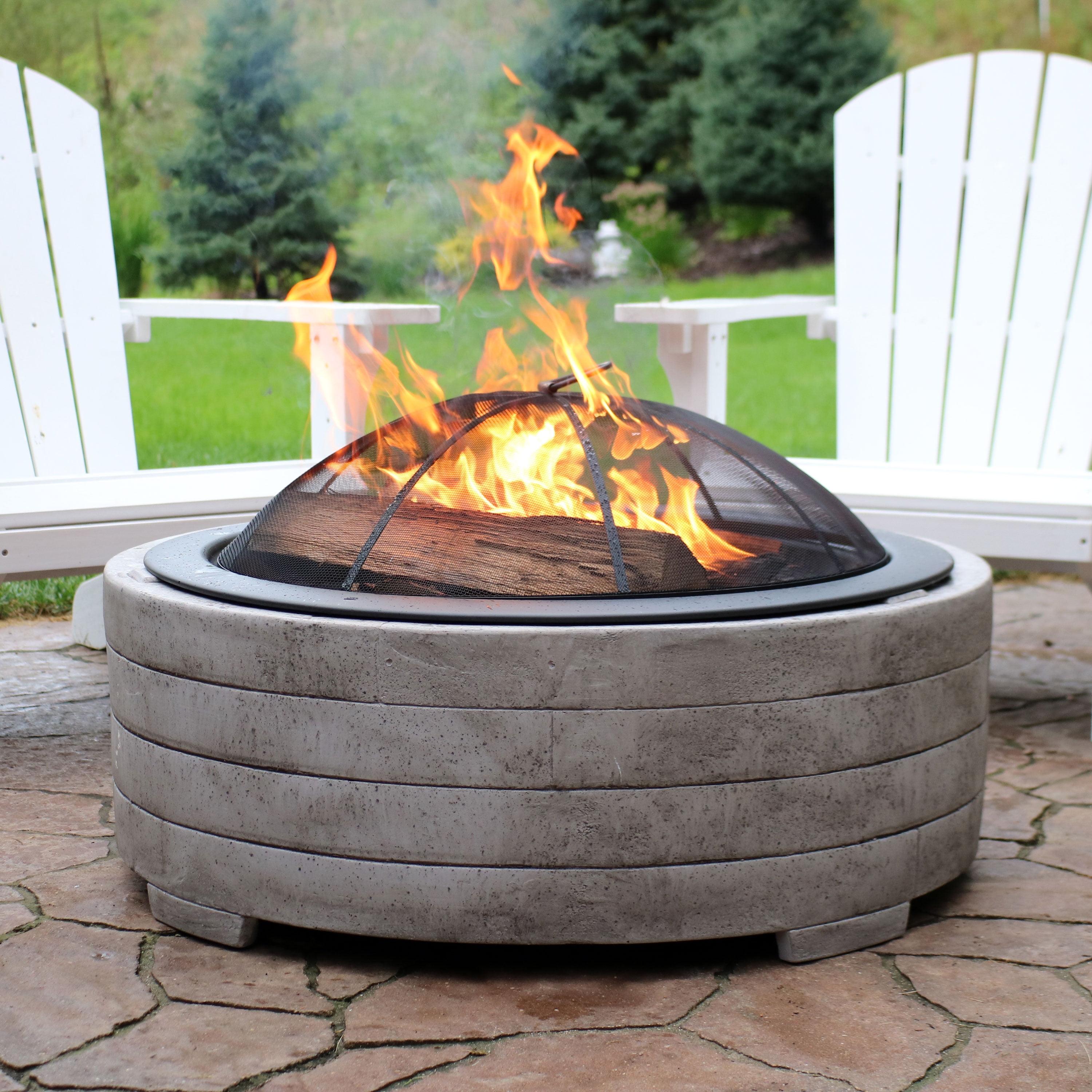 Sunnydaze Outdoor Large Round Faux Stone Fire Pit with Handles, Log Poker, and Spark Screen - 35" - Gray