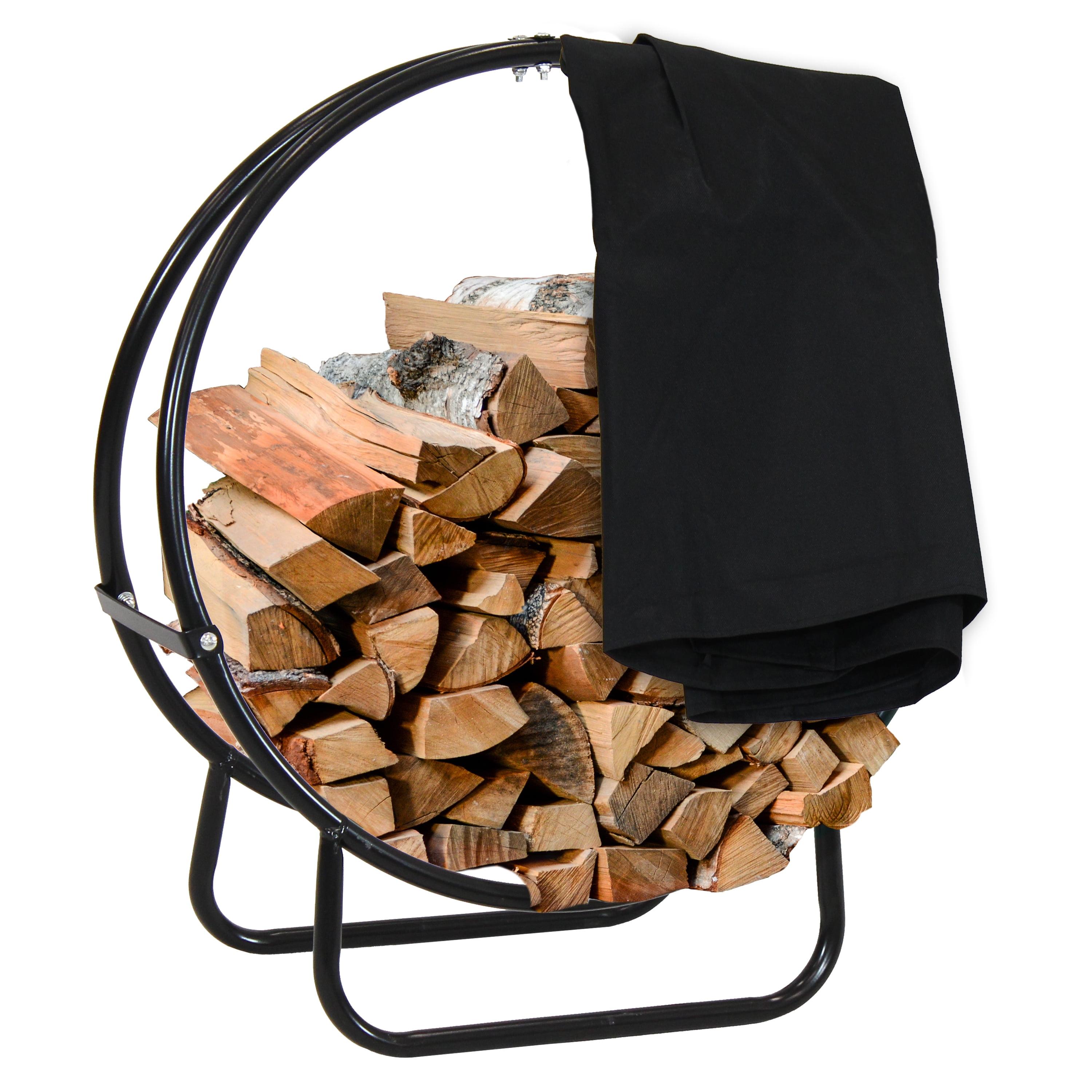 Sunnydaze Outdoor Heavy-Duty Steel Firewood Log Hoop Storage Rack with Weather-Resistant PVC Log Hoop Cover - 24" - Black