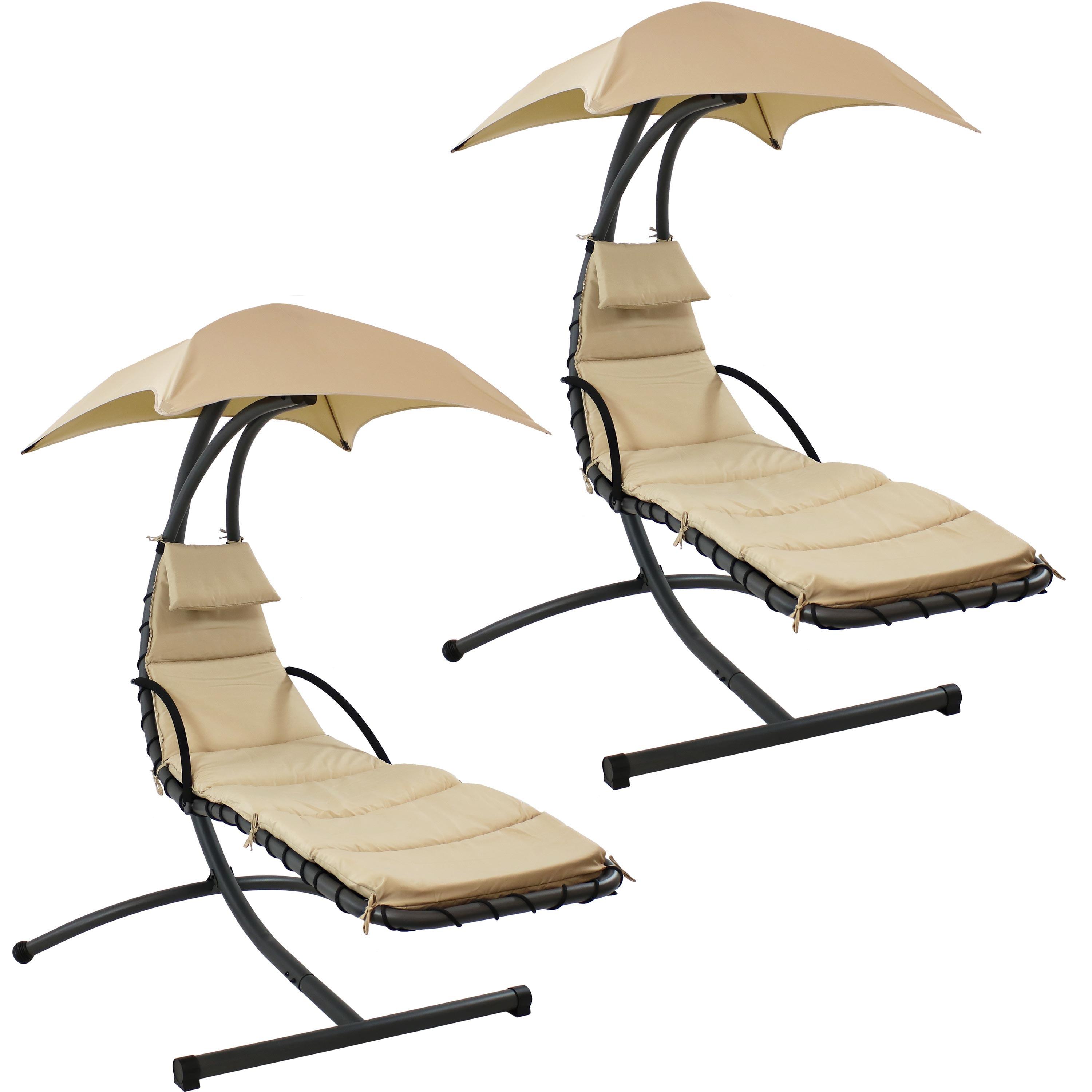 Beige Hanging Chaise Lounge Chair with Canopy and Cushions